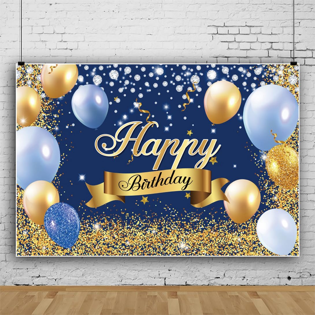 Yeele 3 x 2,4 m königsblauer Hintergrund mit blauen goldenen Luftballons, Diamanten, goldenes Konfetti, glitzernder Geburtstag, Fotografie-Hintergrund für Kinder, Jungen, Geburtstagsparty, Kuchen