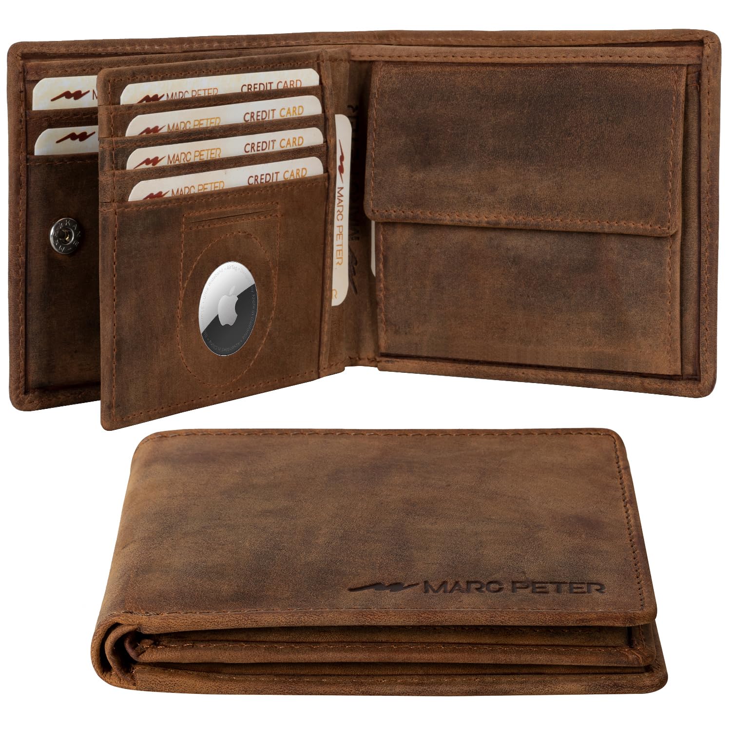 Marc Peter® Hanover - Cartera de piel auténtica para hombre con protección RFID, 10 compartimentos, Bronceado vintage con compartimento Airtag, MIT AIRTAG-FACH, Clásico