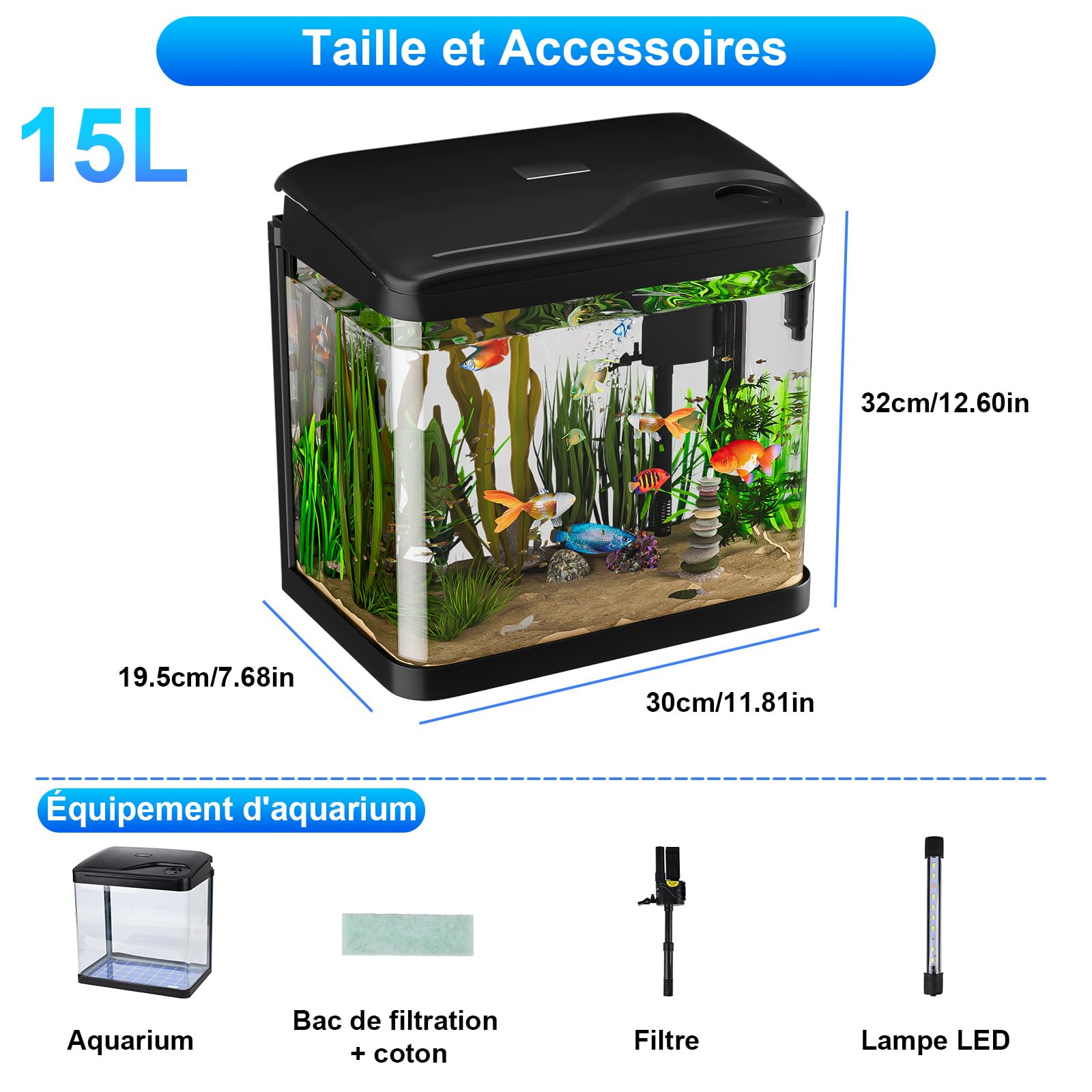 Aquarium Complet 15L,Aquarium en Verre,Aquariums Poisson Rouge,avec Système de Filtration,Couvercle et lumières LED, Pompe à Eau,pour Poissons Combattants, Poissons Rouges, Noir