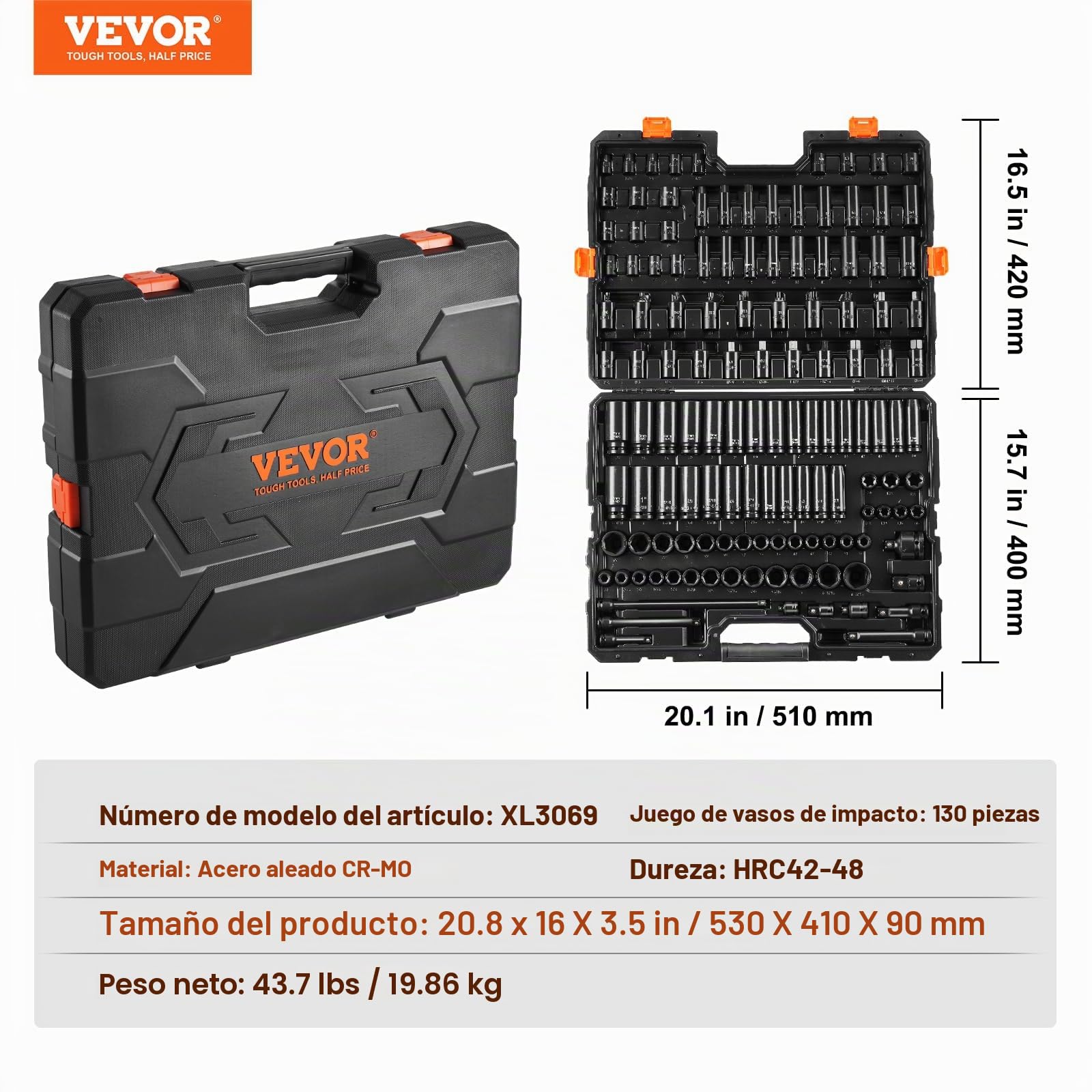 VEVOR Juego de Vasos de Impacto 9,5mm y 12,7 mm Juego de Vasos de Impacto Métricos 130 piezas Acero de Aleación CR-Mo 6 Puntos Marcas de Tamaño Fáciles de Leer para Reparación de Automóviles, Taller
