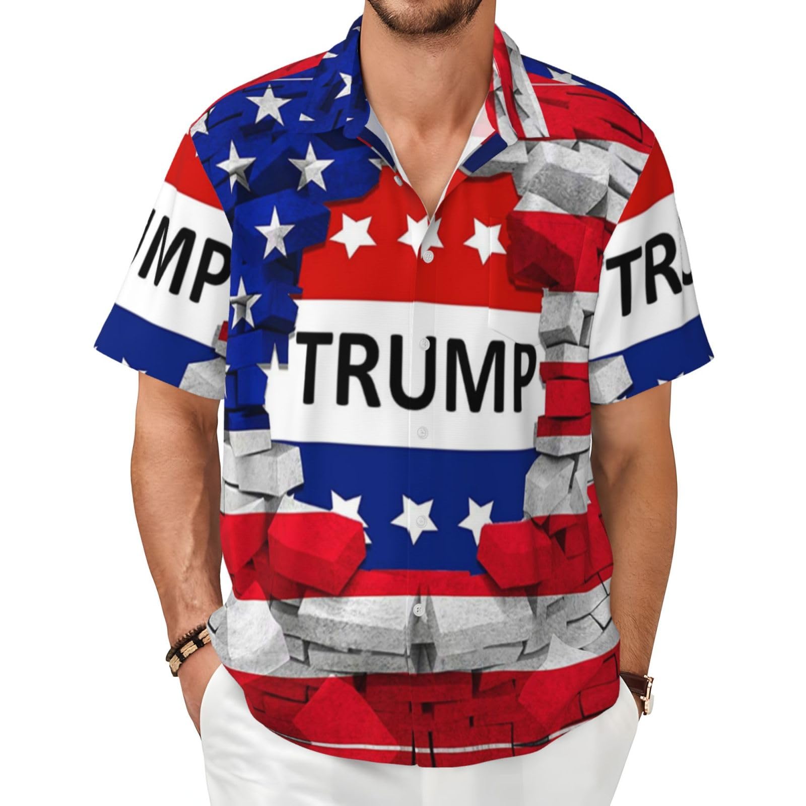 XIAKU Ohio State Gray Men's Shirts Short Sleeve Casual Fashion Polo Button Down Shirt for Men Beach Summer Wedding Pocket, American Usa Trump Flag, XXL