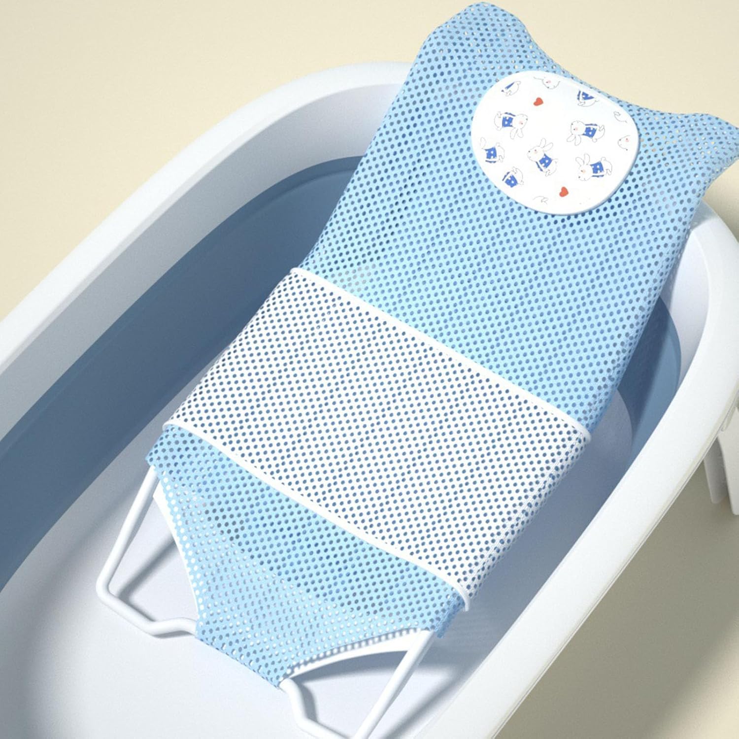 Fafeicy Baby Bath Seat Support Non Slip Mesh Cushion Portable Bath Tub Seat Net for Newborns to Toddlers (Blue, Pillow, Slip Pad)