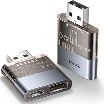 JSAUX USB Data Blocker2-Pack, Transparent 2-in-1 USB A Male to USB A & USB C Female Data Blocker Only for Charge, Protect Against Juice Jacking, Refuse Hacking Provide Safe Charging
