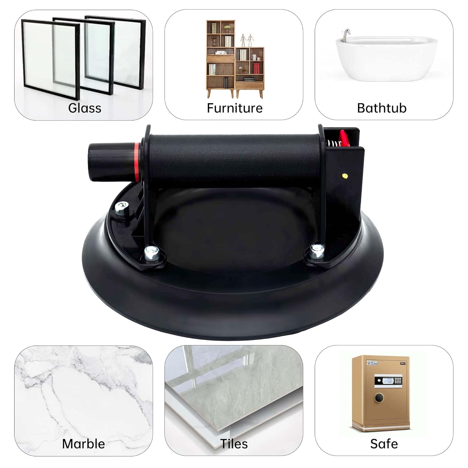 8" Heavy Duty Glass Suction Cups for Tile & Glass, 2-Pack 480 lbs Industrial Vacuum Suction Cup Tool with Pump Handle, Red Line Safety Indicator for Vacuum Loss, Window & Floor Tile Tools (Black)