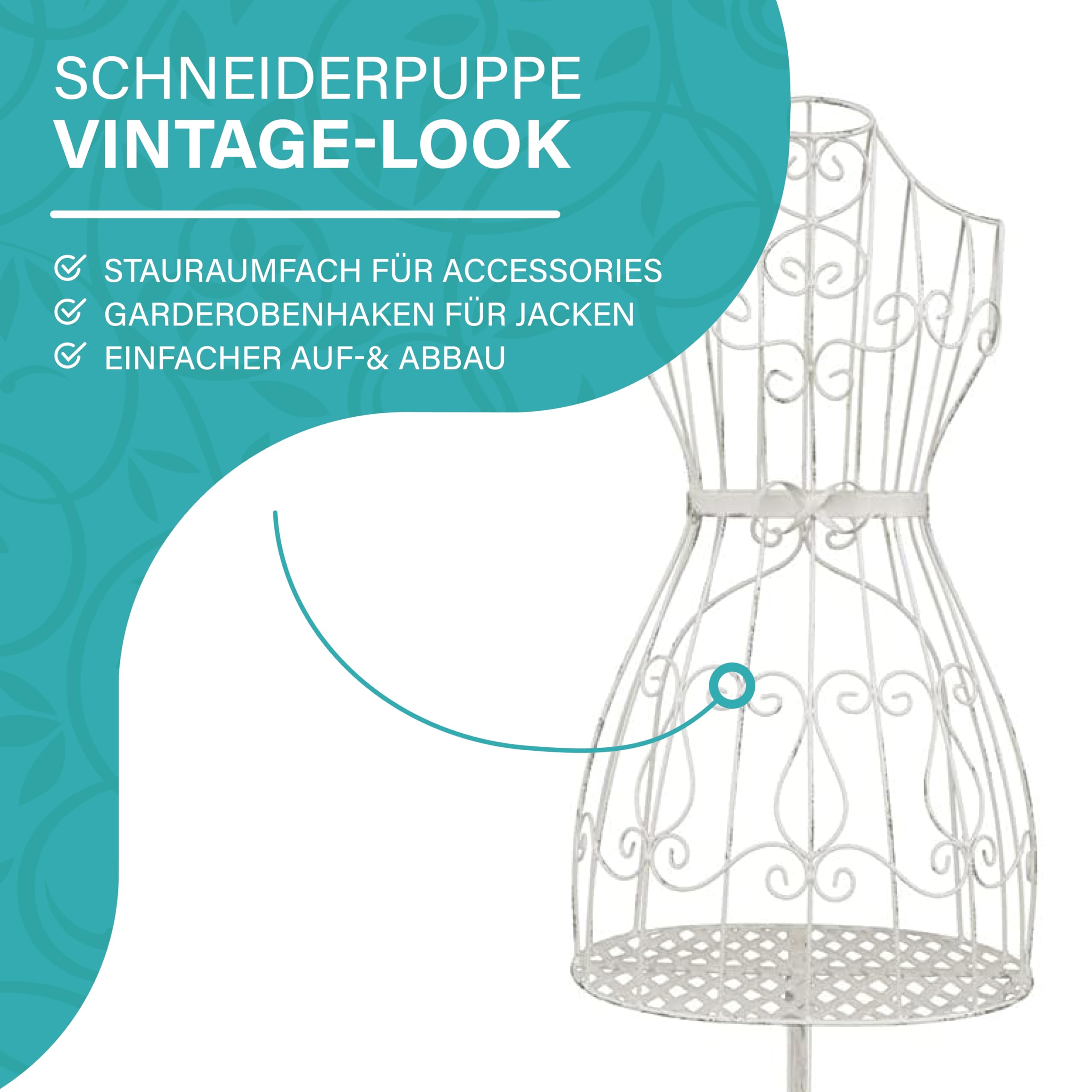 PrimoLiving Metall Schneiderpuppe Mila in Antik-Weiß mit Stauraumfach - Vintage Kleiderpuppe - ideal als weibliche Schaufensterpuppe oder Kleiderständer - P-14158
