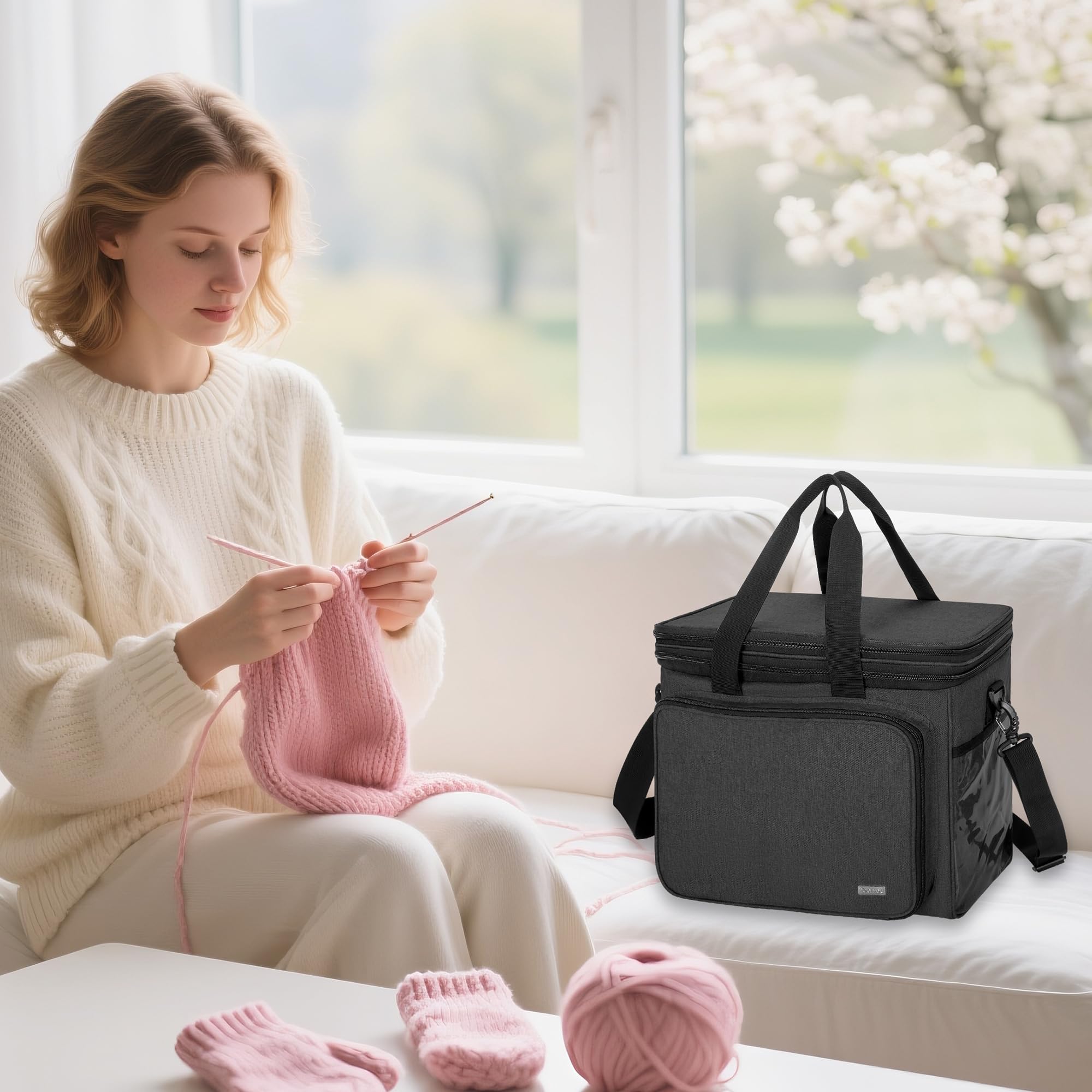 Teamoy Tragetasche für die Aufbewahrung von Wolle, Strick-/Häkeltasche mit mehreren Taschen, Tragegriff und Schulterriemen (kein Zubehör im Lieferumfang enthalten) (groß mit Deckel, schwarz), Schwarz,