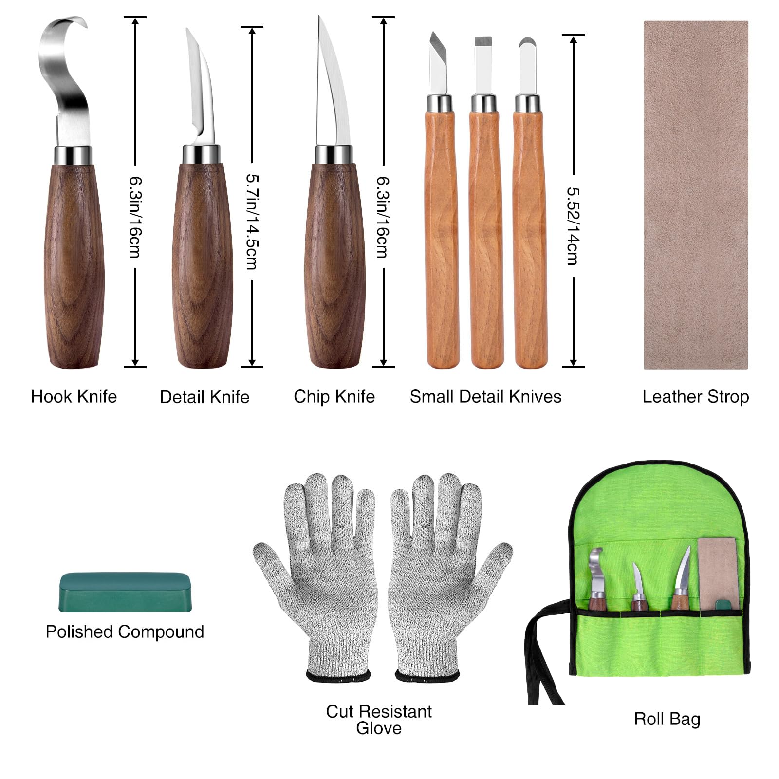 Kit de Tallado de Madera, 10 en 1 Kit de Herramientas para Tallar Madera, incluye 6 Cuchillos Para Tallar Madera Seco para principiantes, Guantes Resistentes a Cortes, Bolsa de Lona