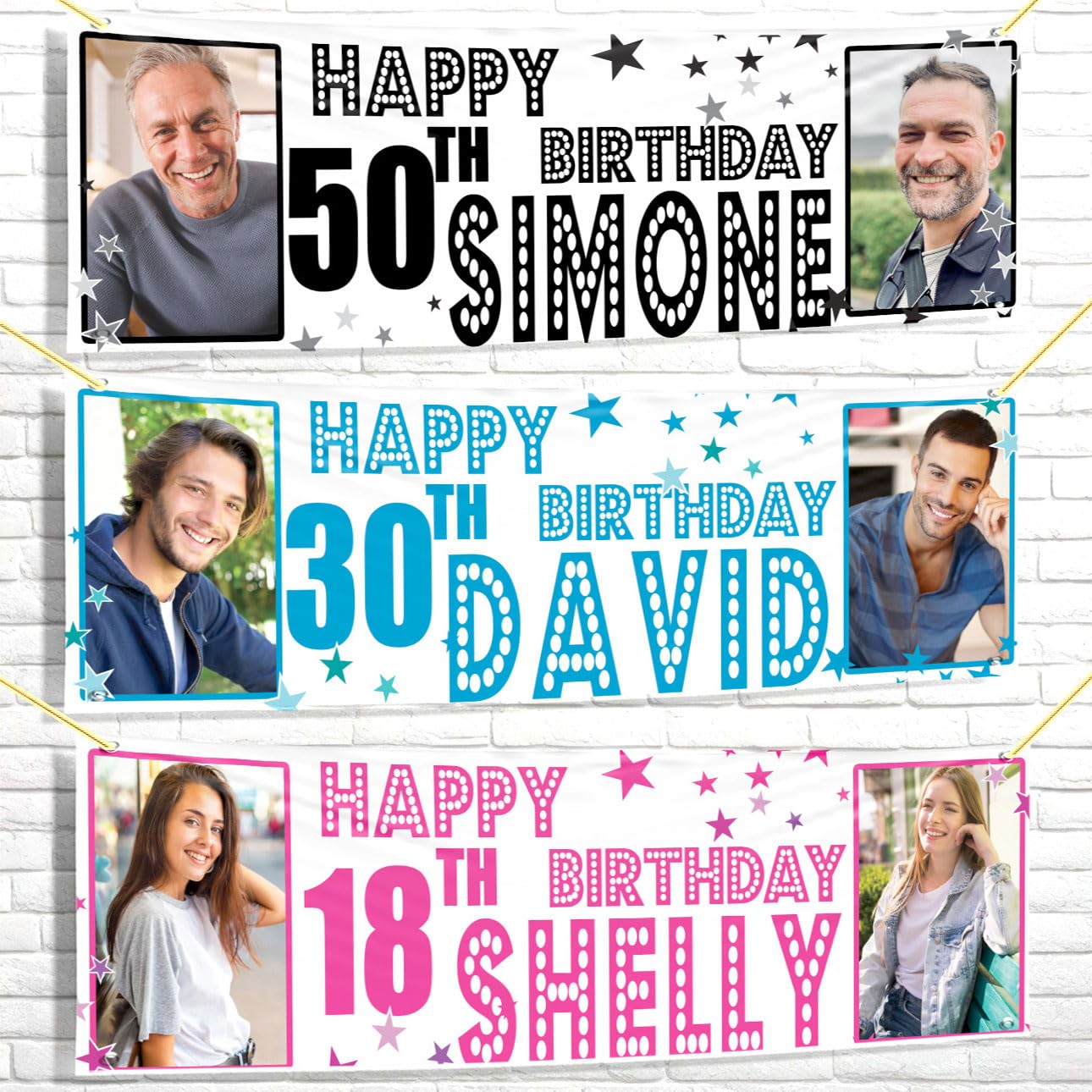 Personalised birthday banner Photo 2ftx6ft fabic Black Blue Pink party custom poster decoration celebration anniversary woman man boy girl children kids gift-18th 20th 30th 40th 50th 60th 70th name