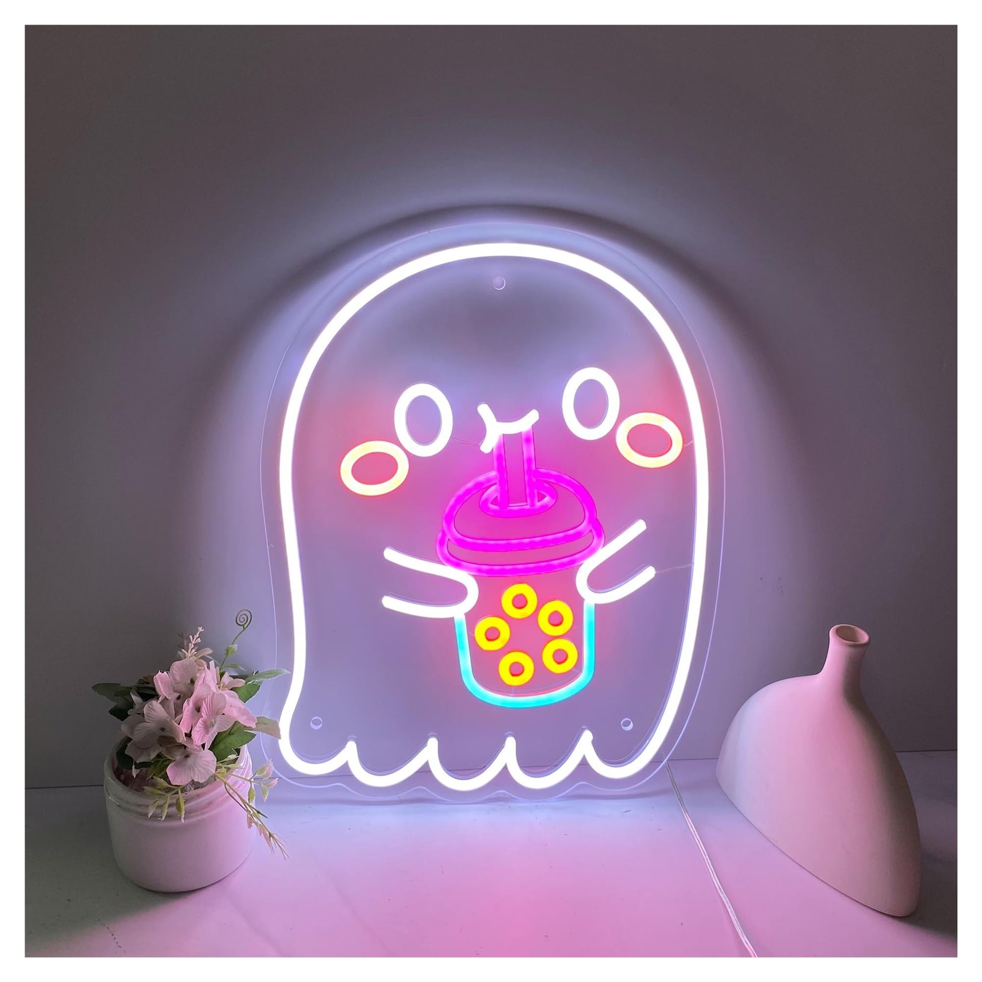 RONGCH Hanging Art Signs Ghost Drinking Bubble Tea Neon Sign,Suitable for Cafe Wall Decor with Dimmable 31cmx40cm(A)