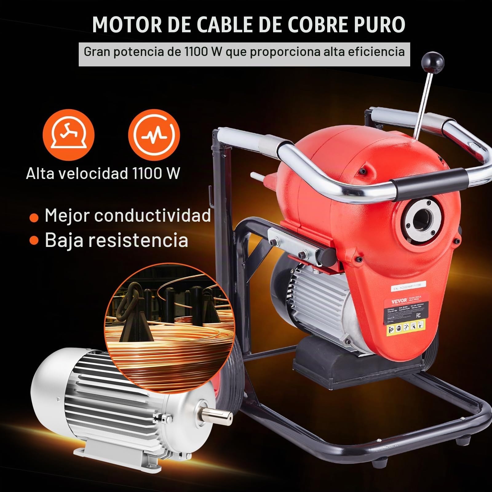 VEVOR Desbloqueador de Tuberías Eléctrico 1100 W Máquina de Limpieza de Tuberías 36,6 m x 3 cm Limpiador Manual de Tubos de Drenaje con 6 Cortadores, Control CW/CCW para Tuberías de 10-20,3 cm