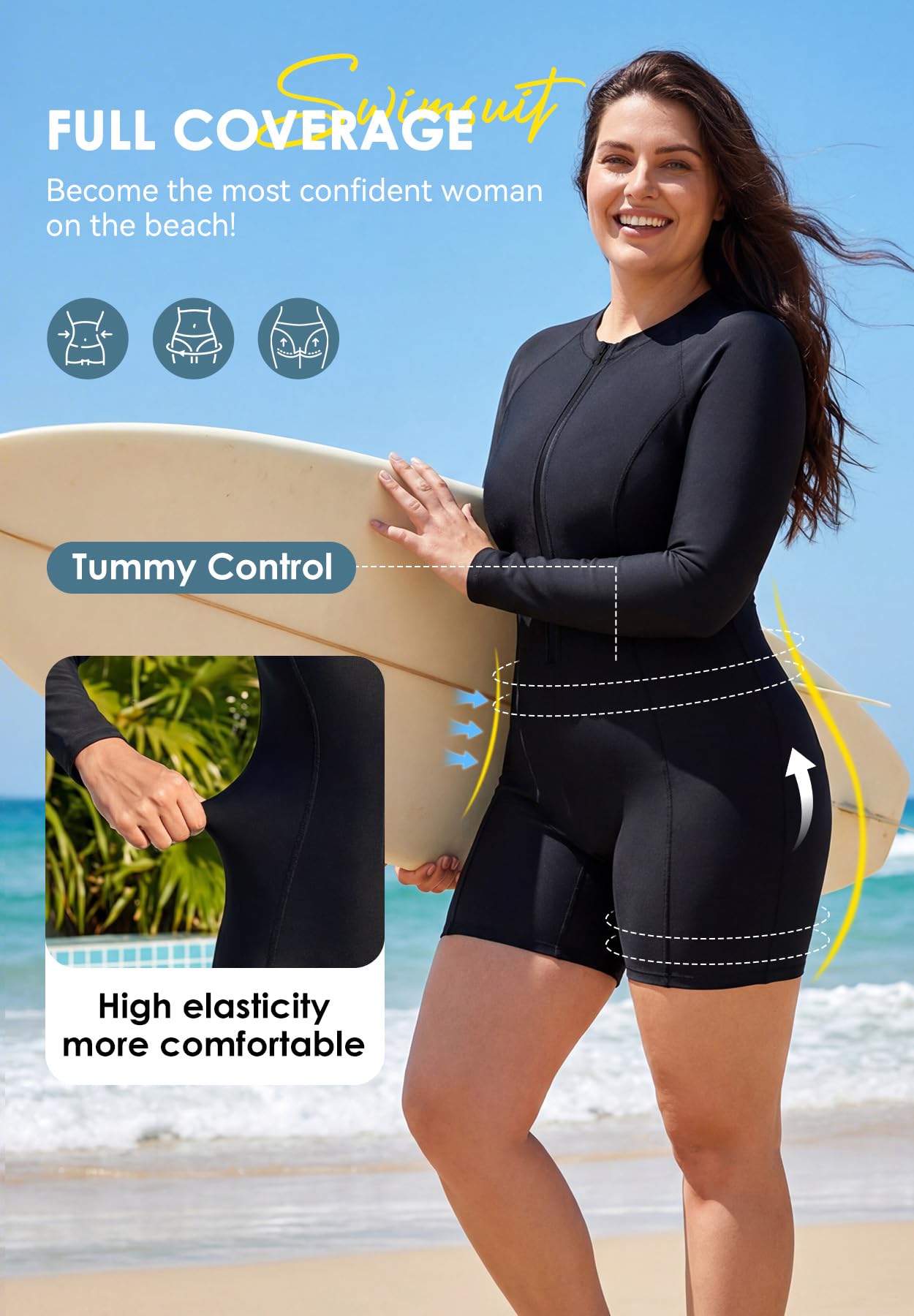 Zando Costume da bagno intero da donna UPF50+, con protezione anti-rash guard a maniche lunghe, con cerniera frontale e gamba, per surf e nuoto