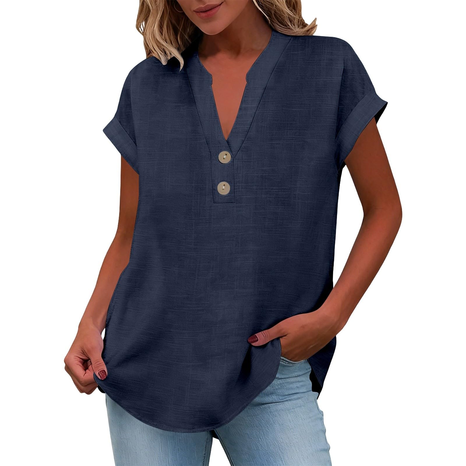 Camiseta de mujer algodón lino cuello V manga corta monocolor verano transpirable
