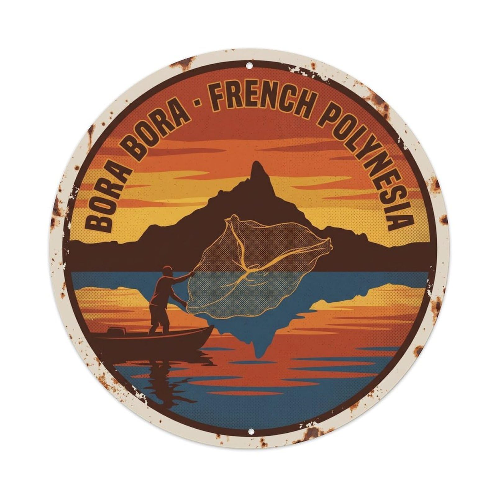 Fishing BoraBora Lagoon Net Sunset Retro Reef Metal Tin Sign
