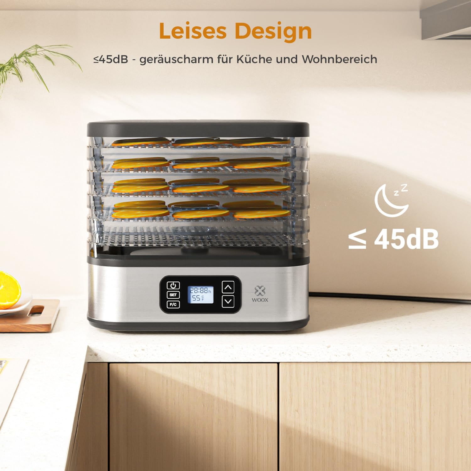 WOOX Dörrautomat, Dörrgerät mit Temperaturregler, 240W, 35-75°C, 72h-Timer, 5 Einlegefächer, Dörrautomat Edelstahl für Fleisch, Obst, Gemüse, Dehydrator - BPA frei