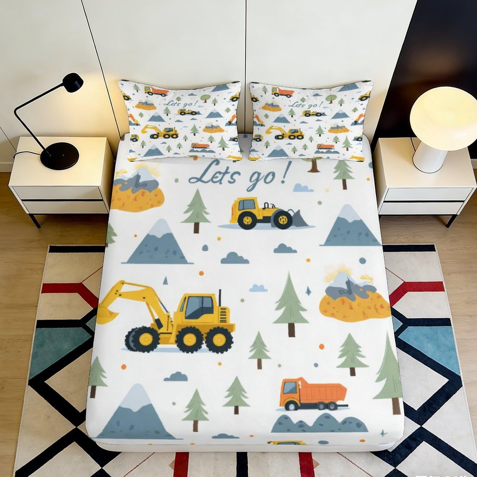 3D Printed Construction Vehicle Fitted Sheet Microfiber Skid-Proof Forest Mountain Bed Cover for Bedroom Dorm Decor 200x200x25cm