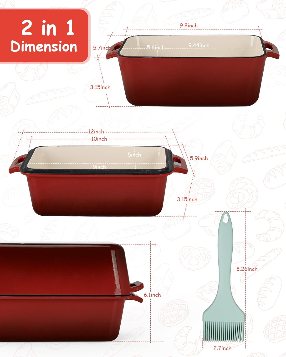 Cast Iron Loaf Pan with Lid | Enameled Bread Baking Pans | Even Heat Distribution for Homemade Bread, Cake, Meatloaf, 2 Piece Set (with Oil Brush)