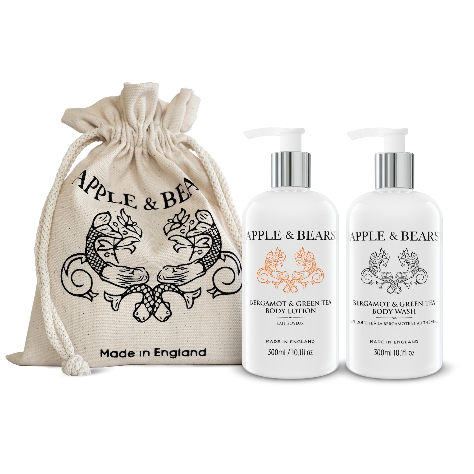Apple & Bears - Luxury Bergamot & Green Tea Body Wash & Lotion Gift Set - Eco-Friendly Cotton Bag - 300ml/10.1 fl oz Each