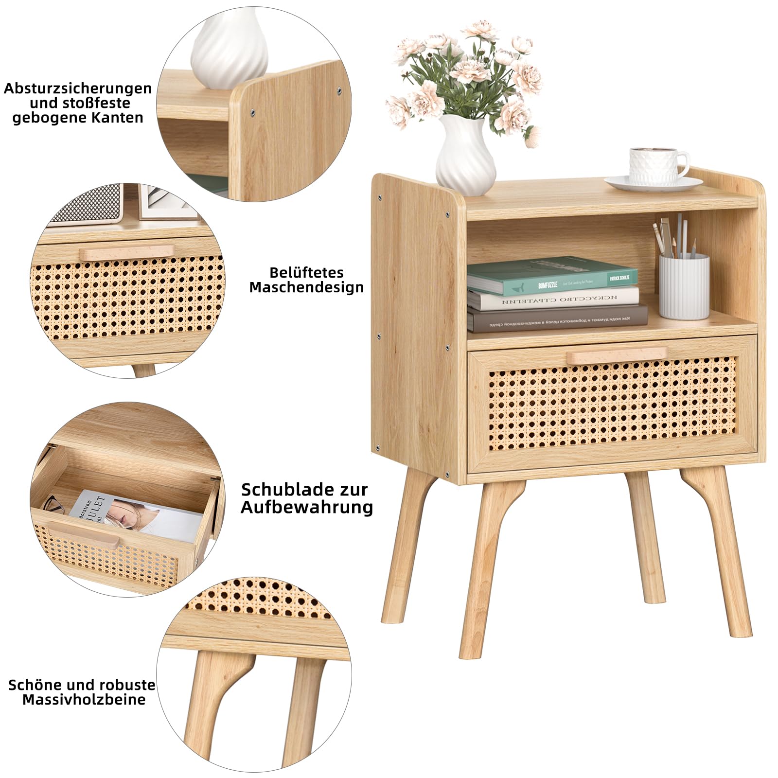 LELELINKY Rattan Nachttisch, Boho Beistelltisch aus Holz | Beine aus Massivholz, Schublade mit Rattan-Geflecht & offenes Regal, Kompakter Nachttisch für Schlafzimmer und Wohnzimmer