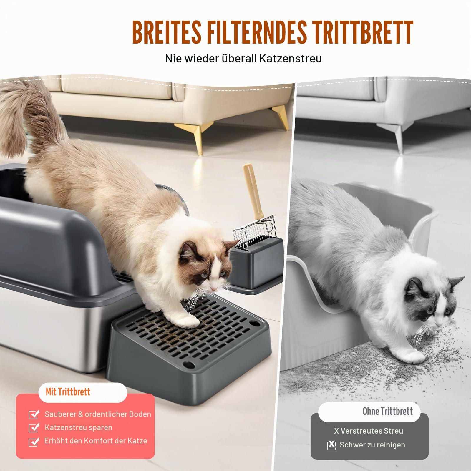 VEVOR Katzentoilette, 152,4 mm tief, XL extragroßes Katzenklo aus Edelstahl mit Schaufel, breitem Filter-Fußteil und hohen Rand, geruchsfreie Schalentoilette für Katzen, 60 x 40 x 30 cm, Dunkelgrau