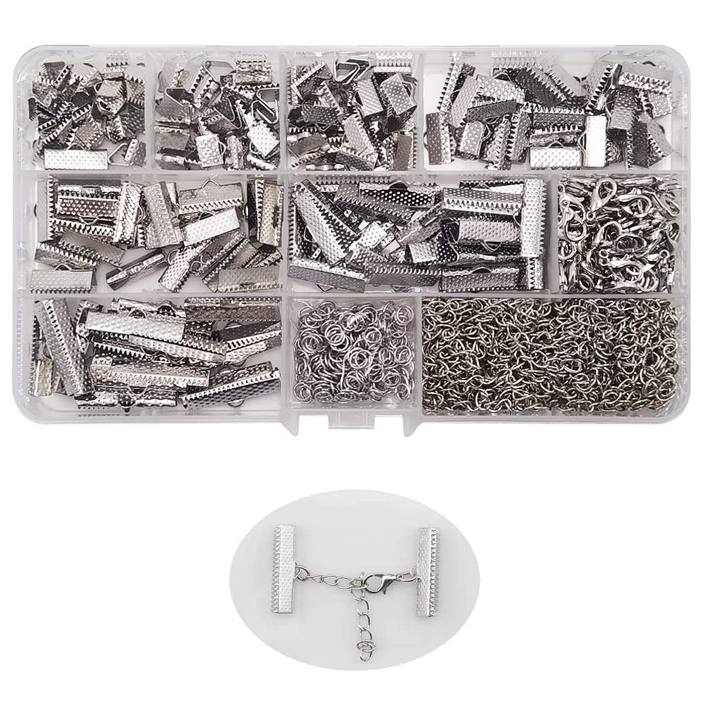 Inspirelle 100 Sets Assorted Size Rhodium Ribbon Bracelet Bookmark Leather Pinch Crimps Kit with Lobster Clasps and Chain Extenders