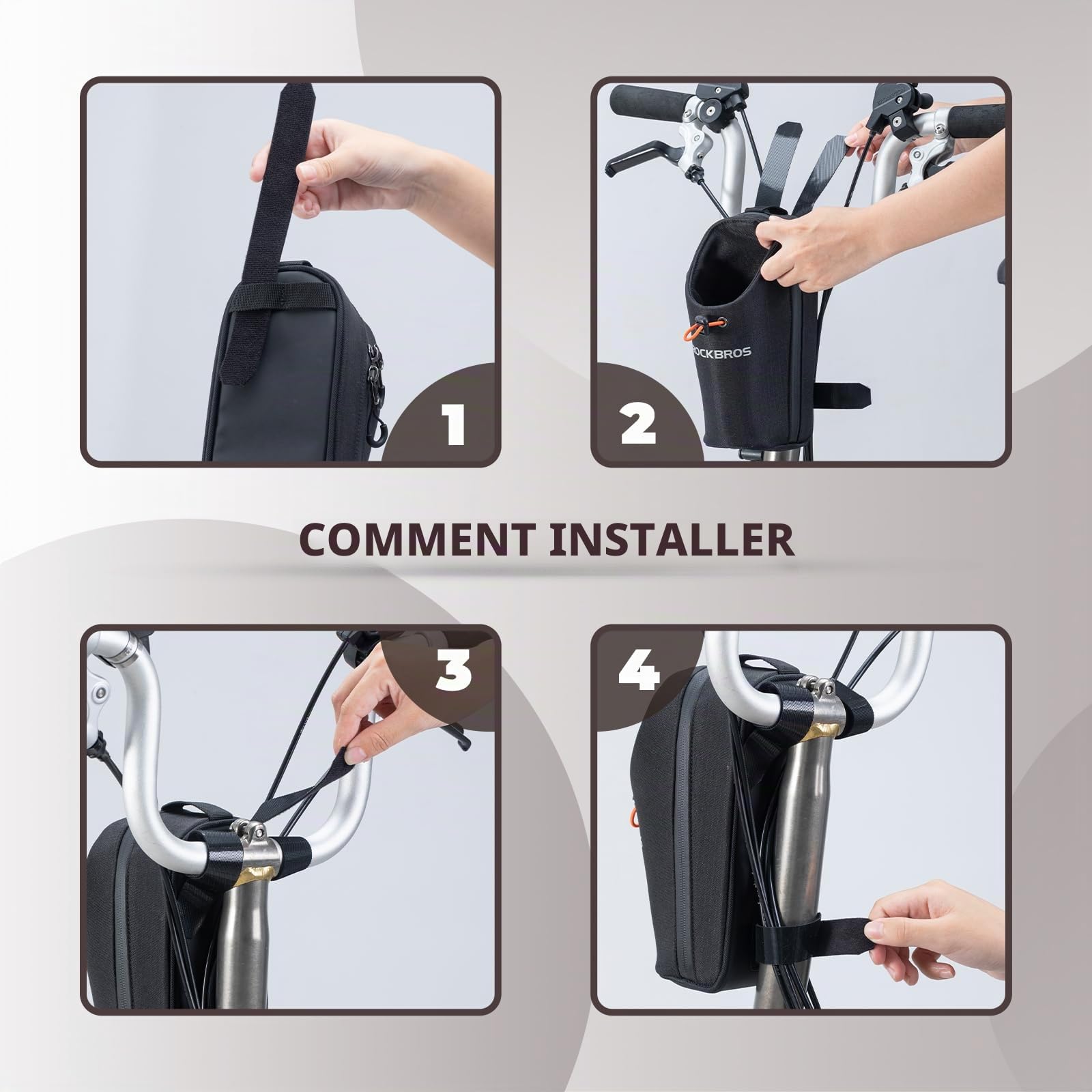 ROCKBROS Porte-Bidon Vélo Pliant Sacoche Avant Bidon 1,5L Guidon Calibre Réglable Jusqu'à 8cm Sac Petit Boisson Parapluie Lunettes Gants pour Scooter Trottinette Électrique VTT Blanc