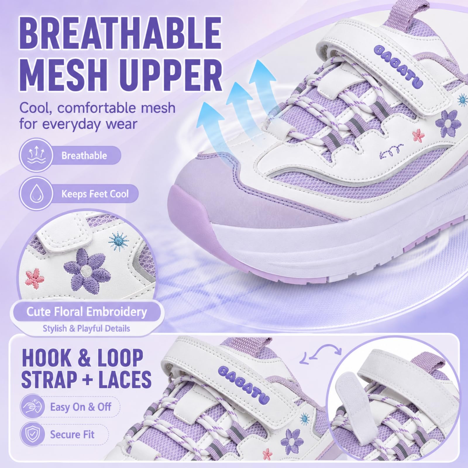 JJDFW Chaussures de patinage à roulettes 2 en 1 en maille respirante à LED pour fille avec 4 roues amovibles et broderie florale