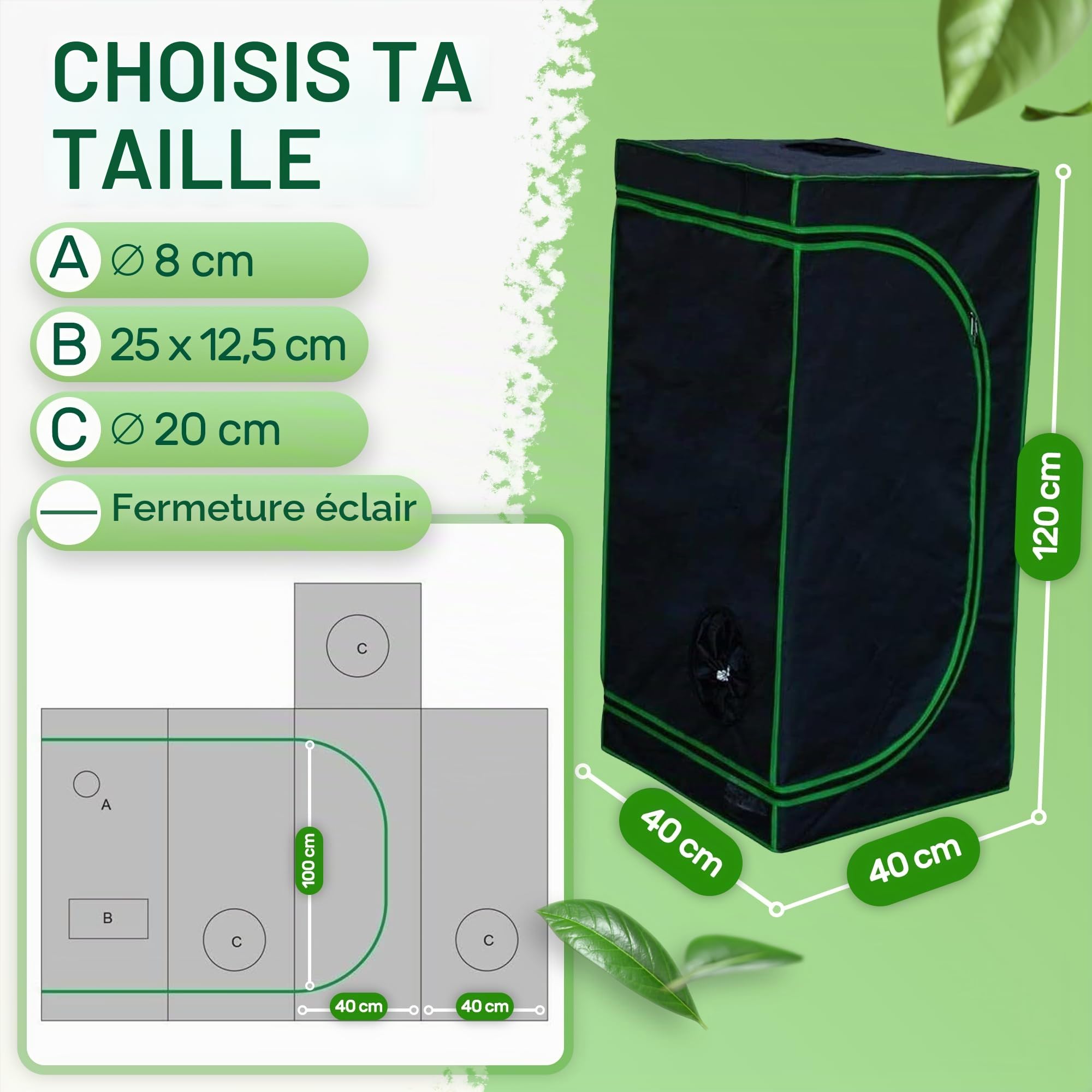 Melko Growbox Rideau de culture de plantes 40 x 40 x 120 cm pour toutes les saisons, résistant à la lumière et imperméable