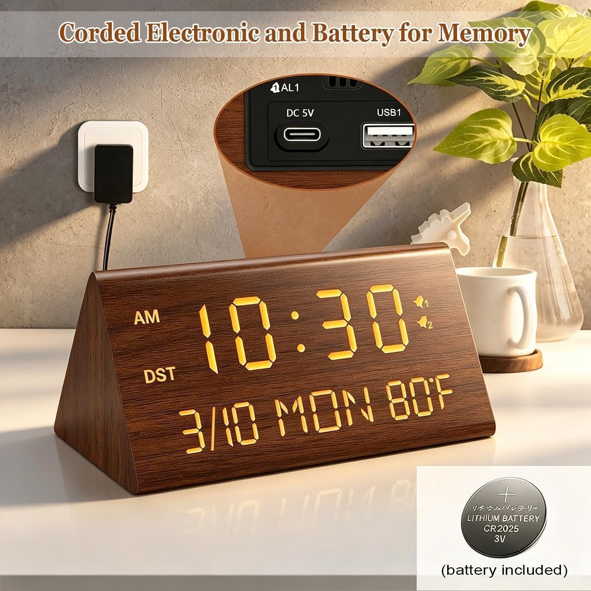 Kogonee Digitaler Wecker aus Holz, 0-100% Helligkeit Dimmer & Lautstärke, Temperaturerkennung, Datum, Wochentag/Wochenendmodus, Dual-Alarm, Holz-LED-Uhr für Schlafzimmer, Nachttisch (Braun)