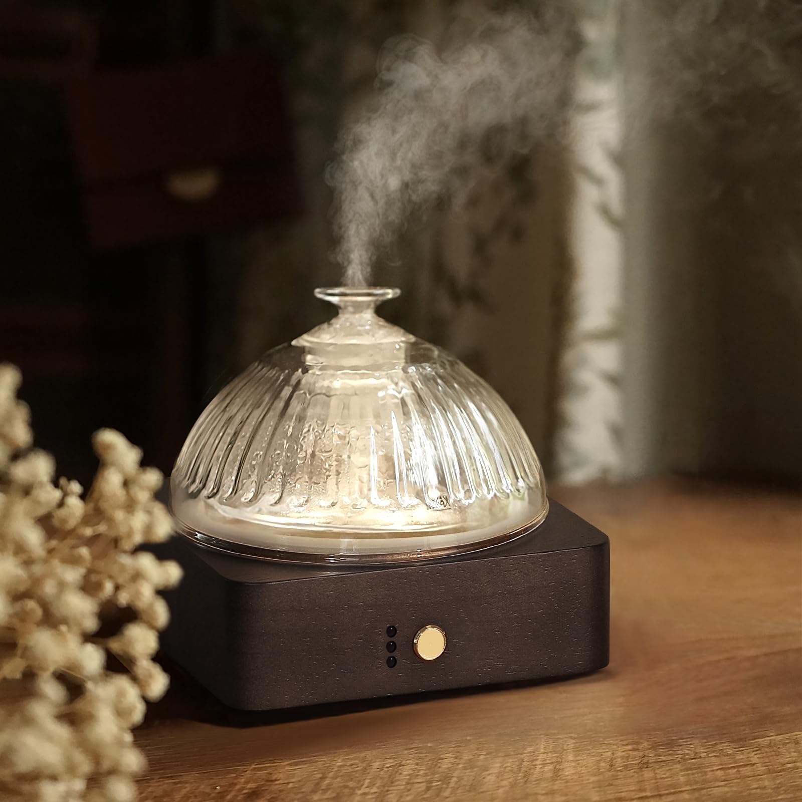 Glass Dome Essential Oil Diffuser with Glass Reservoir & Wood Base-Plastic Free, 200ml Ultrasonic Diffuser for Aromatherapy with Timer 7 Color Light Auto-Off for Home Office Yoga Dark Brown