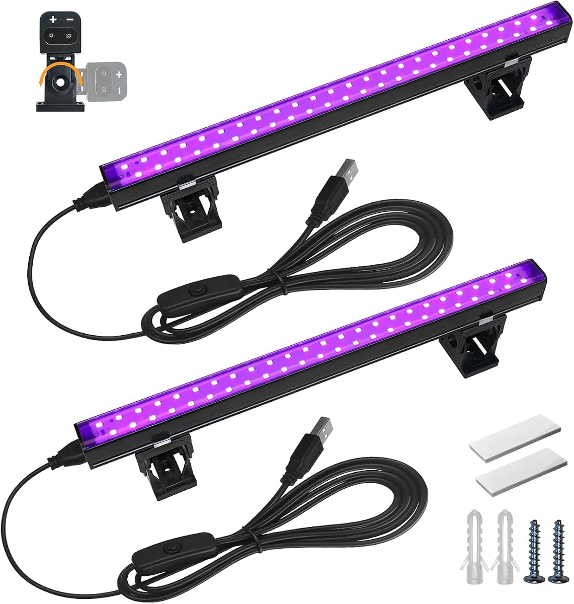 Barrina UV LED Tube Light Black, 10W, 1FT/11in USB Powered, 2 Bars | UV Lights for Halloween DJ Disco, Adjustable Black Lights for Bedroom