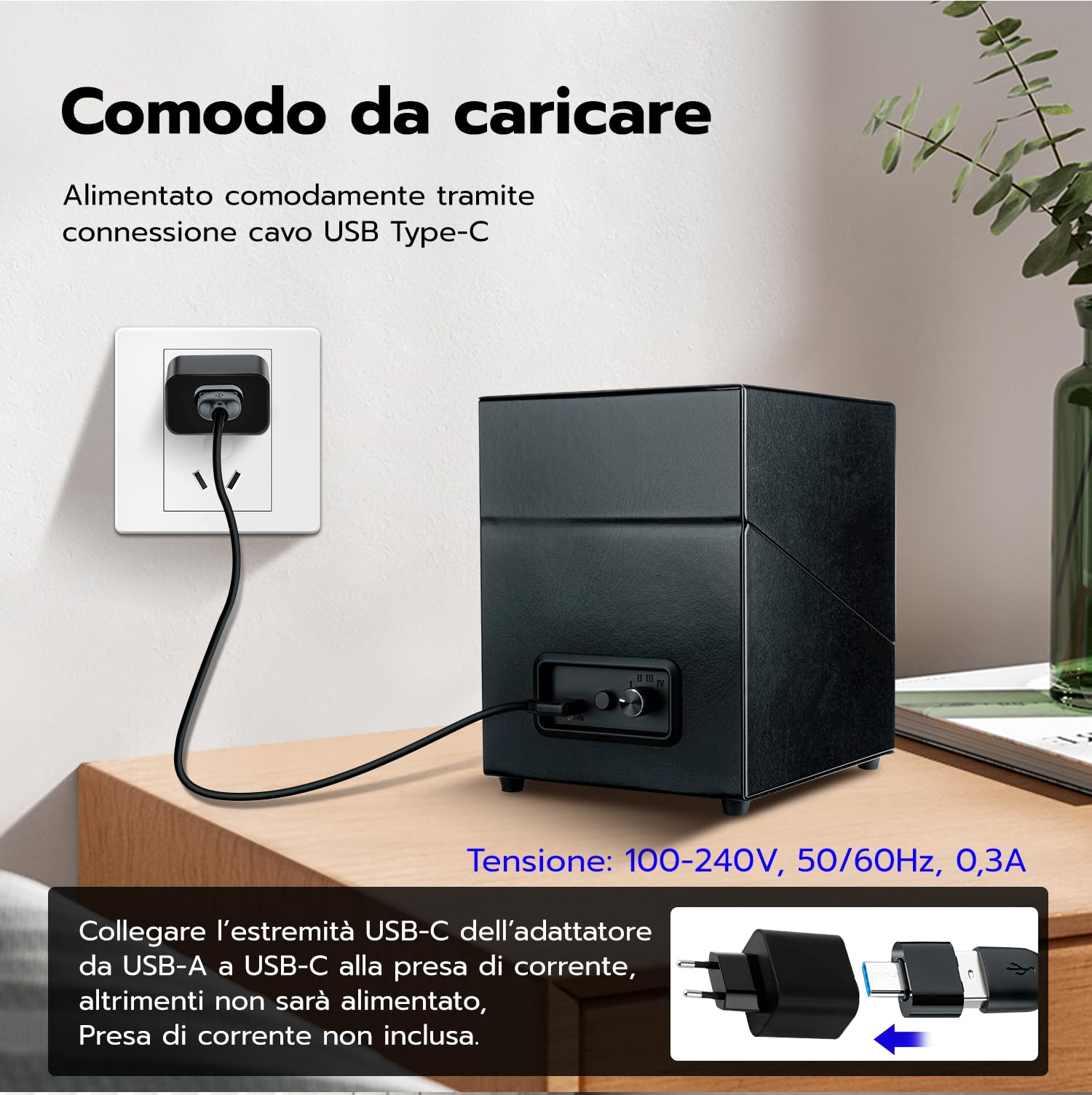 Mcbazel Winder per Orologi Doppio, Custodia per Orologi a Doppia Posizione in Pelle PU con 5 Modalità, Custodia Rotante Automatica con Ricarica USB e Luce LED Blu – Nera