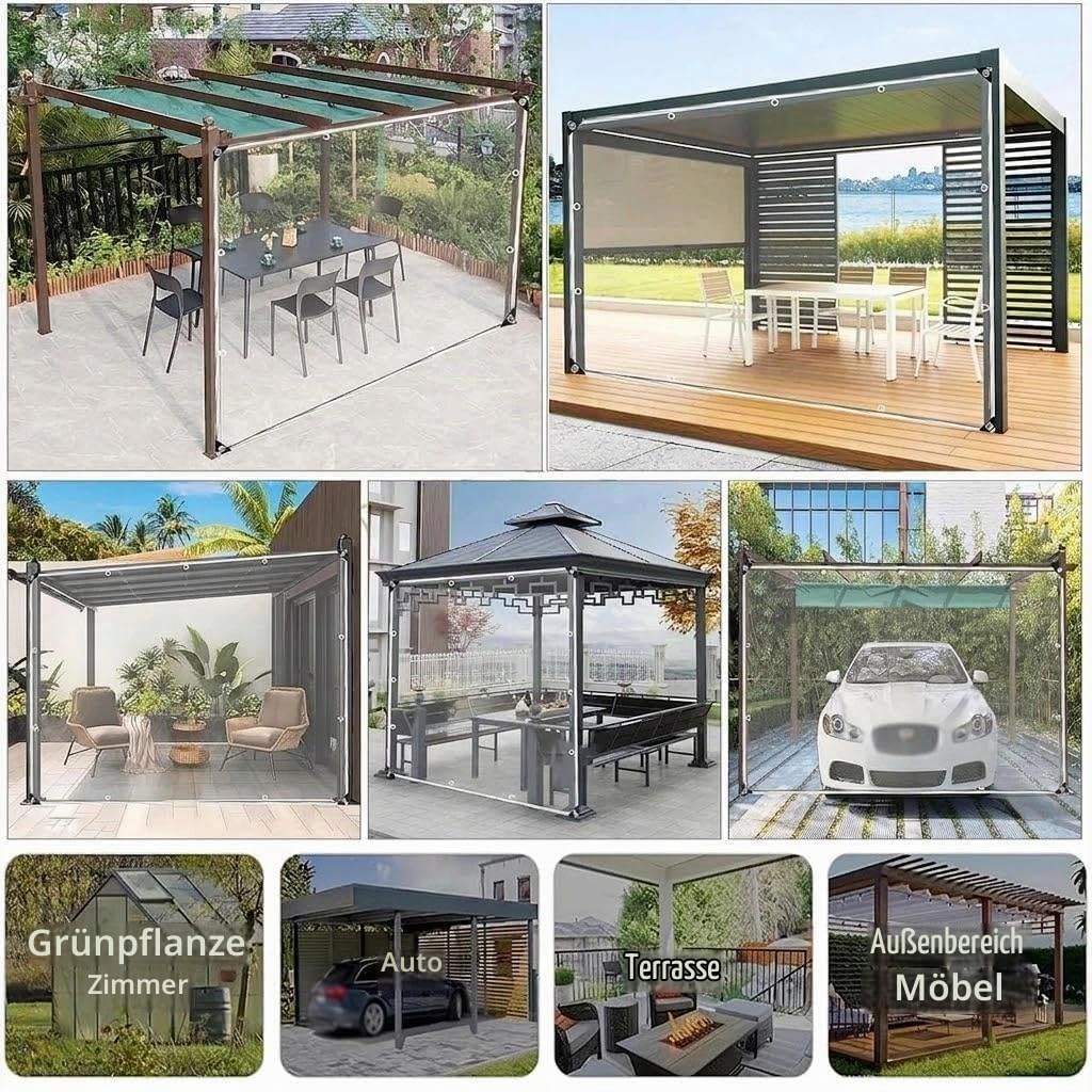 Transparente PVC Plane mit Ösen, 450 g/m² wasserdichte Klarsichtplane, 16 Mil Abdeckplane für Terrasse, Balkon und Pavillon(2 * 3M)