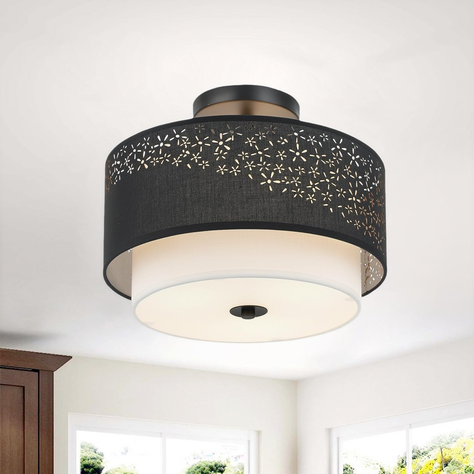 Double Layer Lampshade, Black Lamp Shade for Ceiling Lights, Kitchen, Table Lamps and Floor Lamps, Pendant Light Shade for Bedroom, Living Room, Hallway and Kitchen