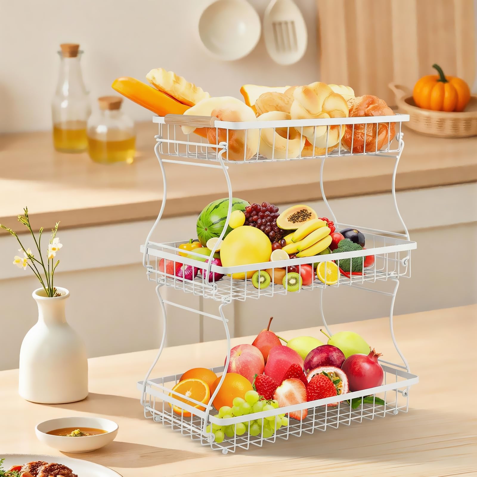 VINATO Portafrutta 3 Ripiani Metallo Fruttiera Moderna Maniglie Legno