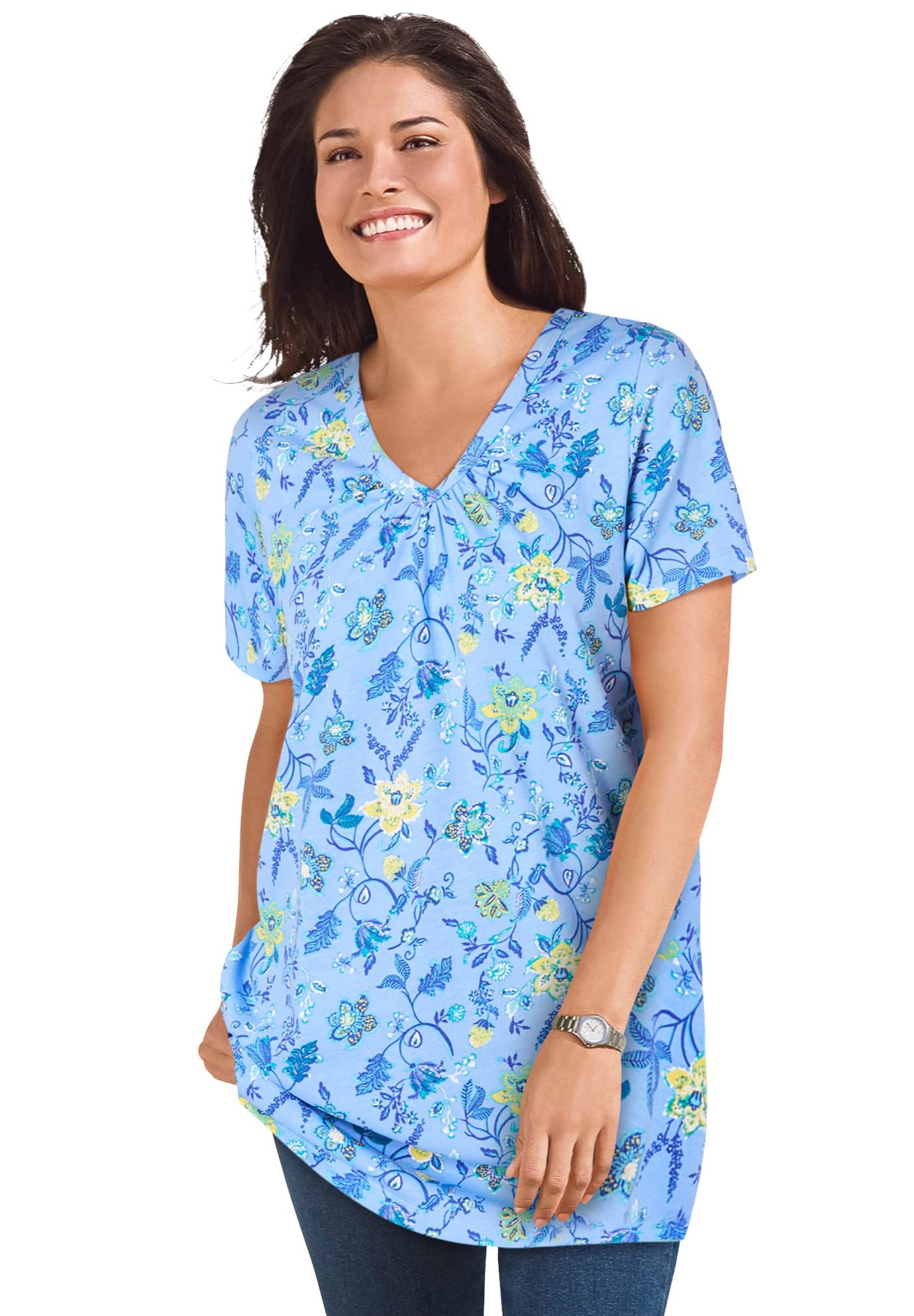 Woman Within Plus Size Perfect Printed Short-Sleeve Shirred V-Neck Tunic