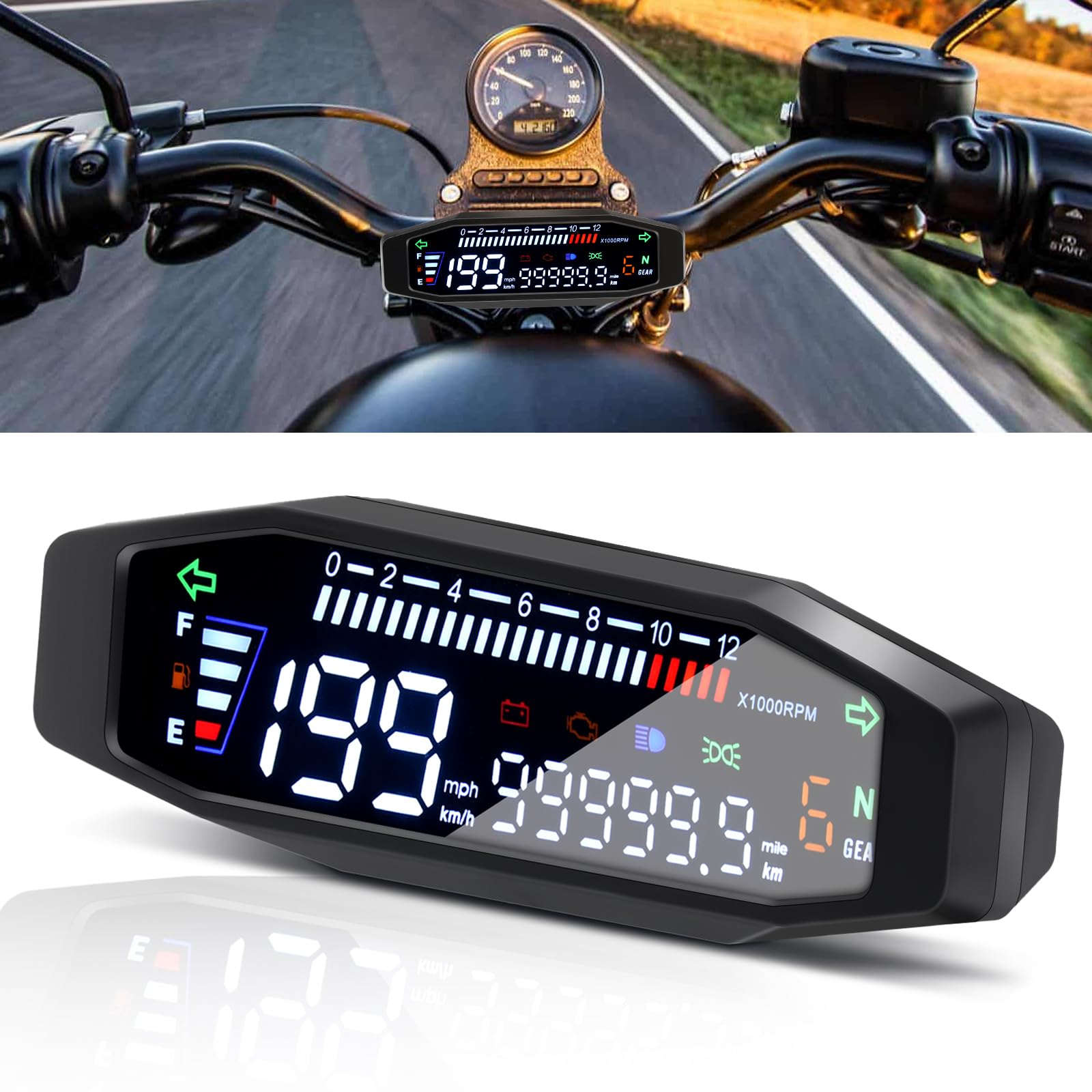 KAOLALI Velocímetro Universal Mejorado para Motocicleta, Tacómetro Digital Impermeable de 12000 RPM para Medidor de Aceite de Motocicleta, Cuentakilómetros Dual, Velocímetro