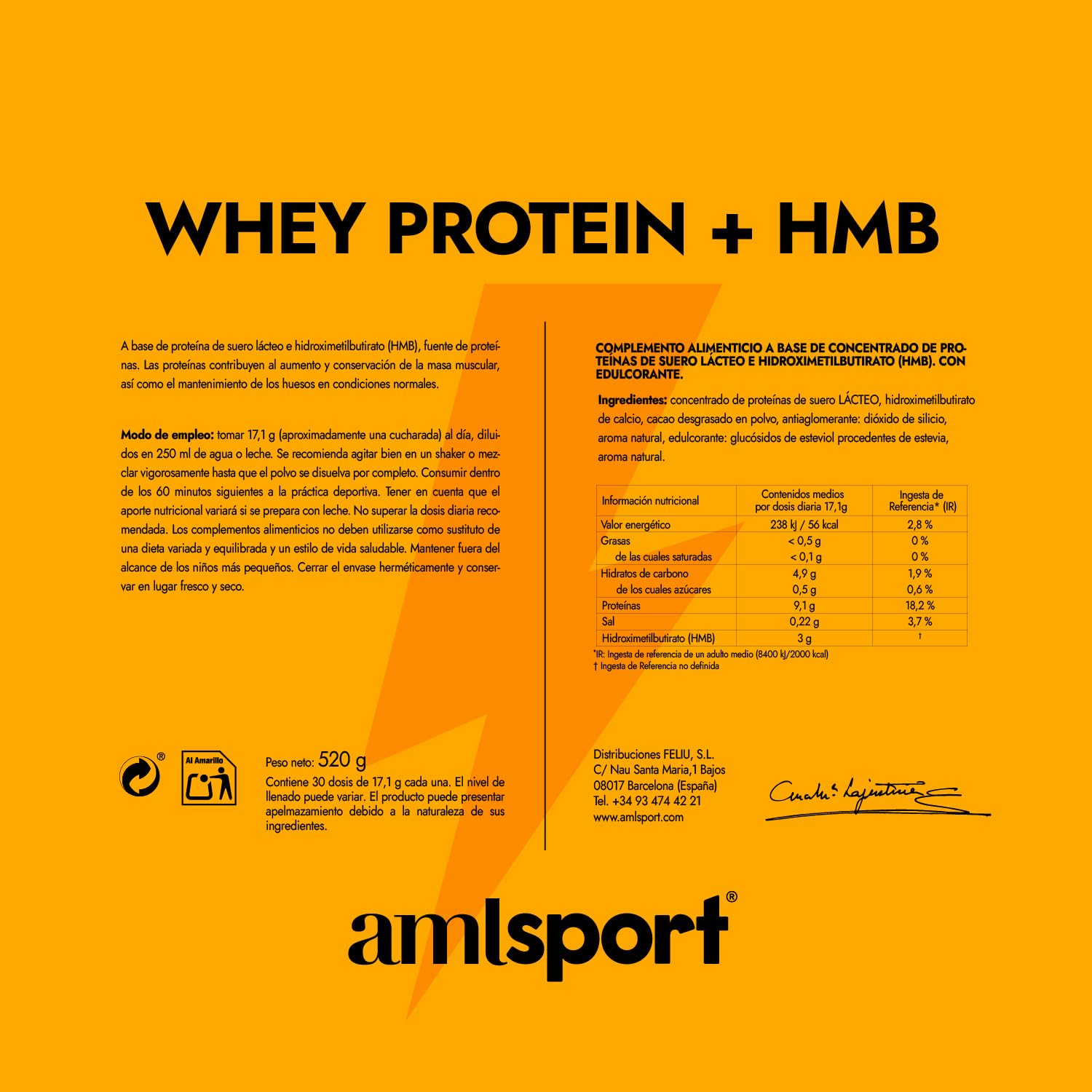 amlsport de Ana Maria Lajusticia Whey Protein + HMB | Mantener y Aumentar la Masa Muscular | Recuperación Post‑Entreno | Sabor Capuchino | Sin Gluten | 520 g en Polvo | Suplementación Deportiva |