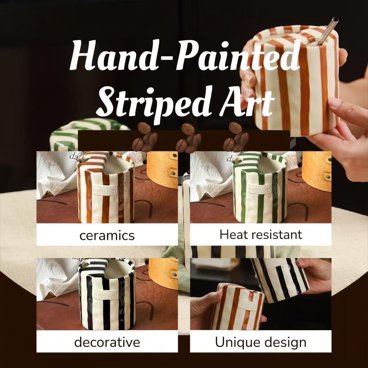 Ceramic Coffee Mug with Sip Hole, 10 Oz Retro Half Lid Striped Ceramic Mug, Heat-Resistant Non-Slip, Hand-Painted Striped for Home Kitchen Dining, Ceramic Cup Gift for Coffee Lovers (Brown)