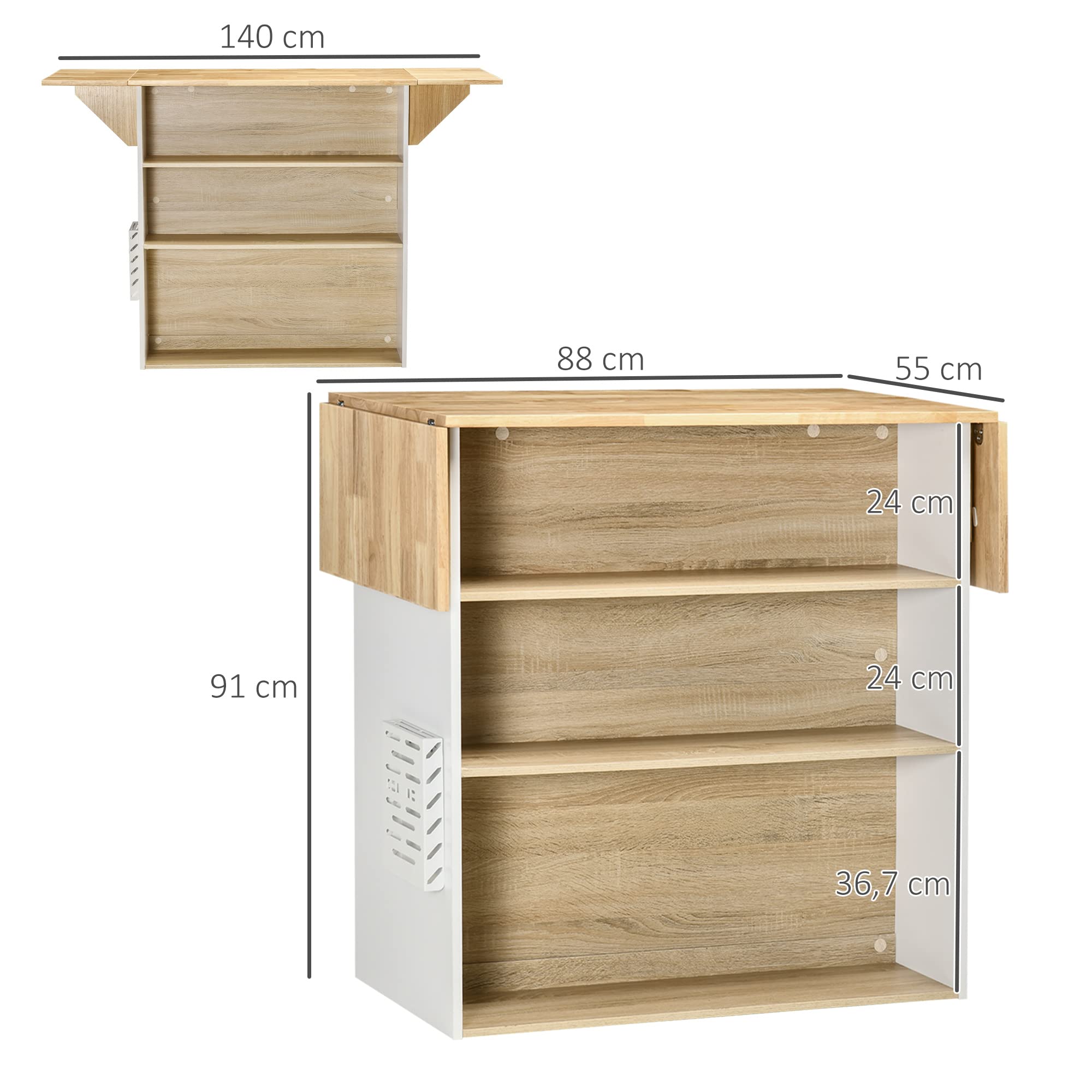 HOMCOM Ilot Central Cuisine Meuble de Rangement Cuisine de Service avec Plan de Travail Rabattable en Bois de Caoutchouc et 2 étagères - 140 x 55 x 91 cm