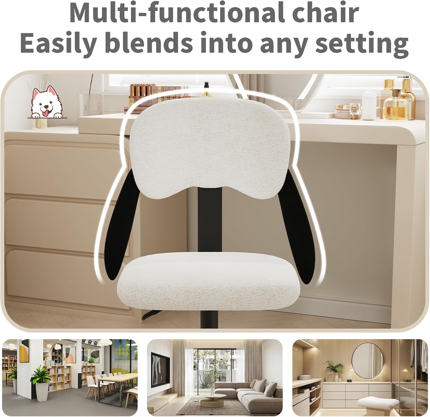 HONIFUR Swivel Kids Desk Chair with Backrest, Armless Small Study Chair with Wheels, Adjustable Height Computer Task Chair, Bedroom, White