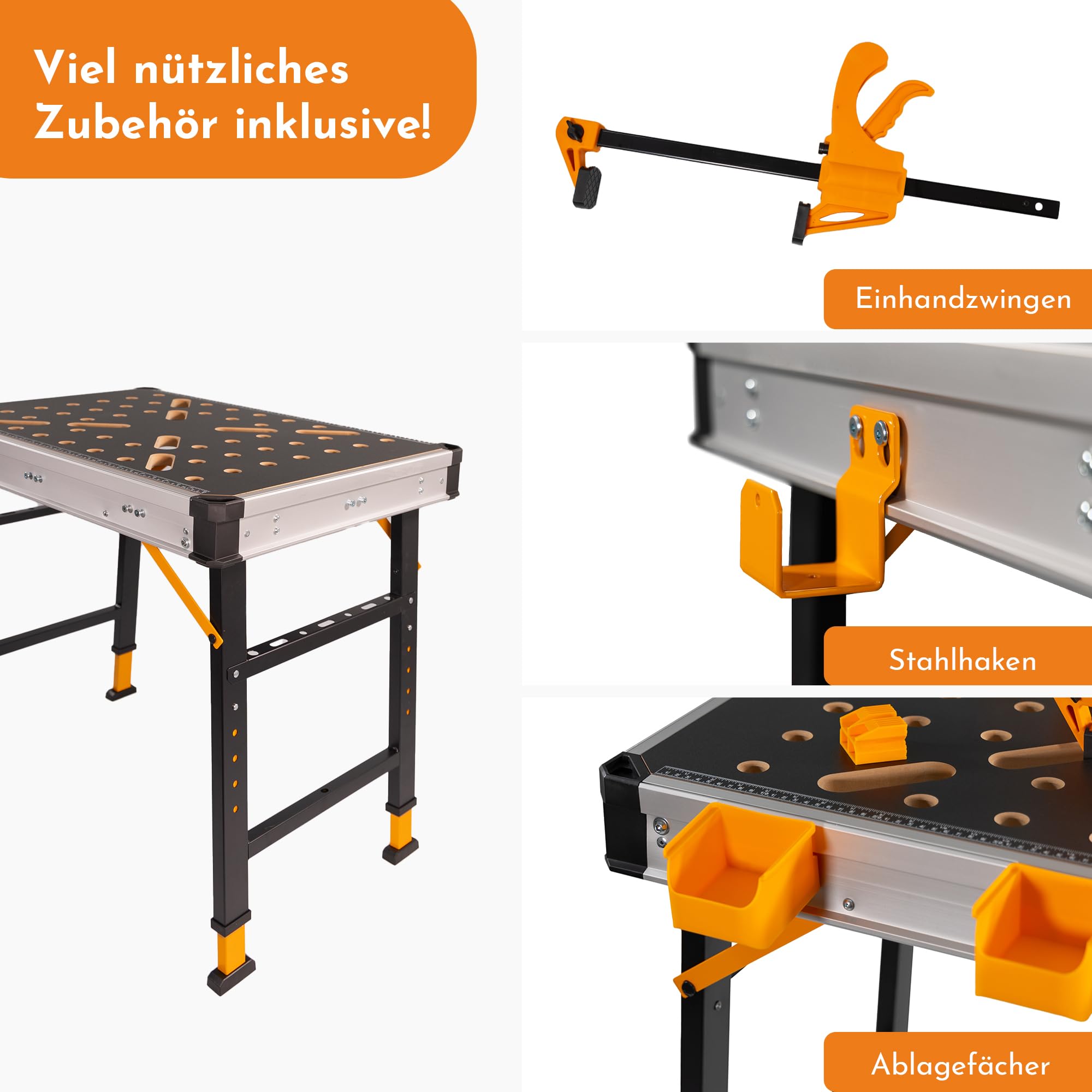 LEMODO Mobile Werkbank klappbar, höhenverstellbarer Multifunktionstisch für Werkstatt & Baustelle, stabile Klappwerkbank mit großer Arbeitsfläche, 454 kg Tragkraft, viel Zubehör & Ordnungssystem