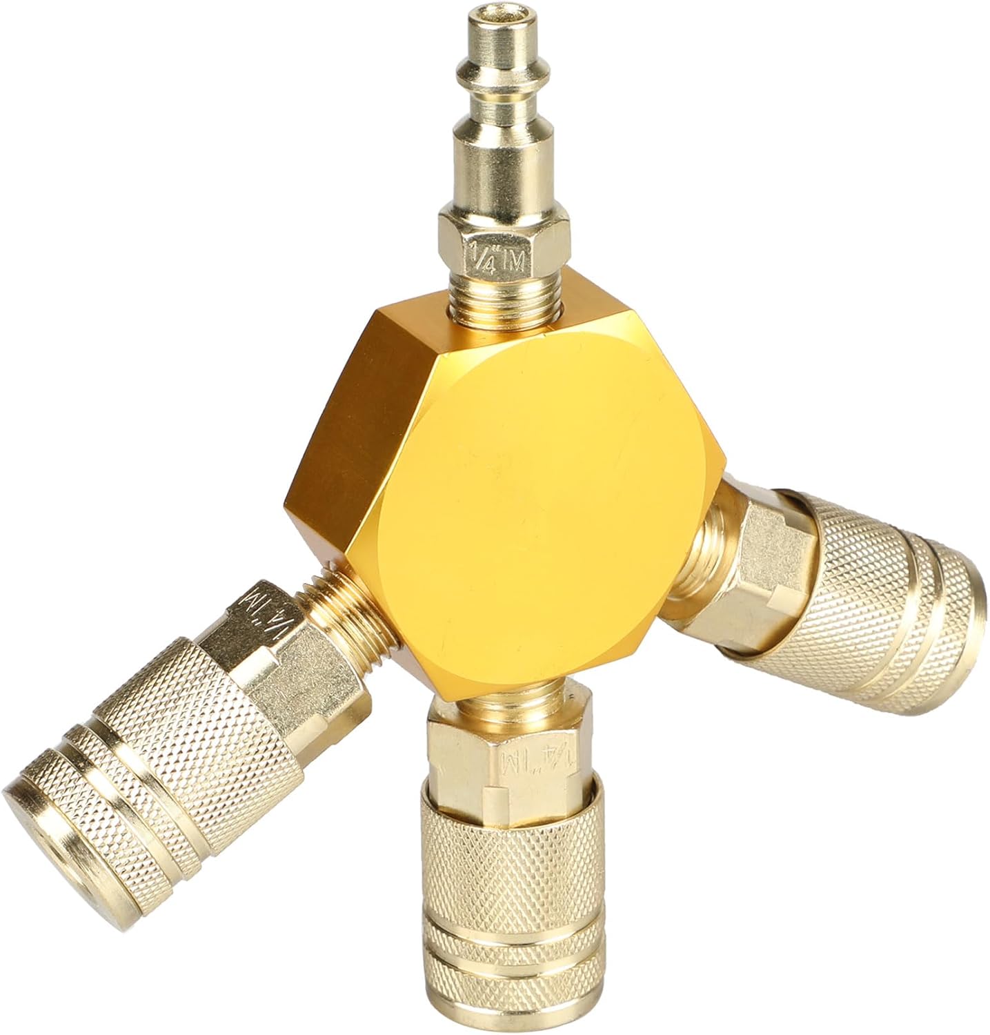 YOTOO 3-Way Air Manifold, Air Hose Splitter with 3 Steel Industrial Quick Connect Couplers and 1/4" NPT Male Industrial Air Plug for connecting air compressor, air hoses and air tools, Gold