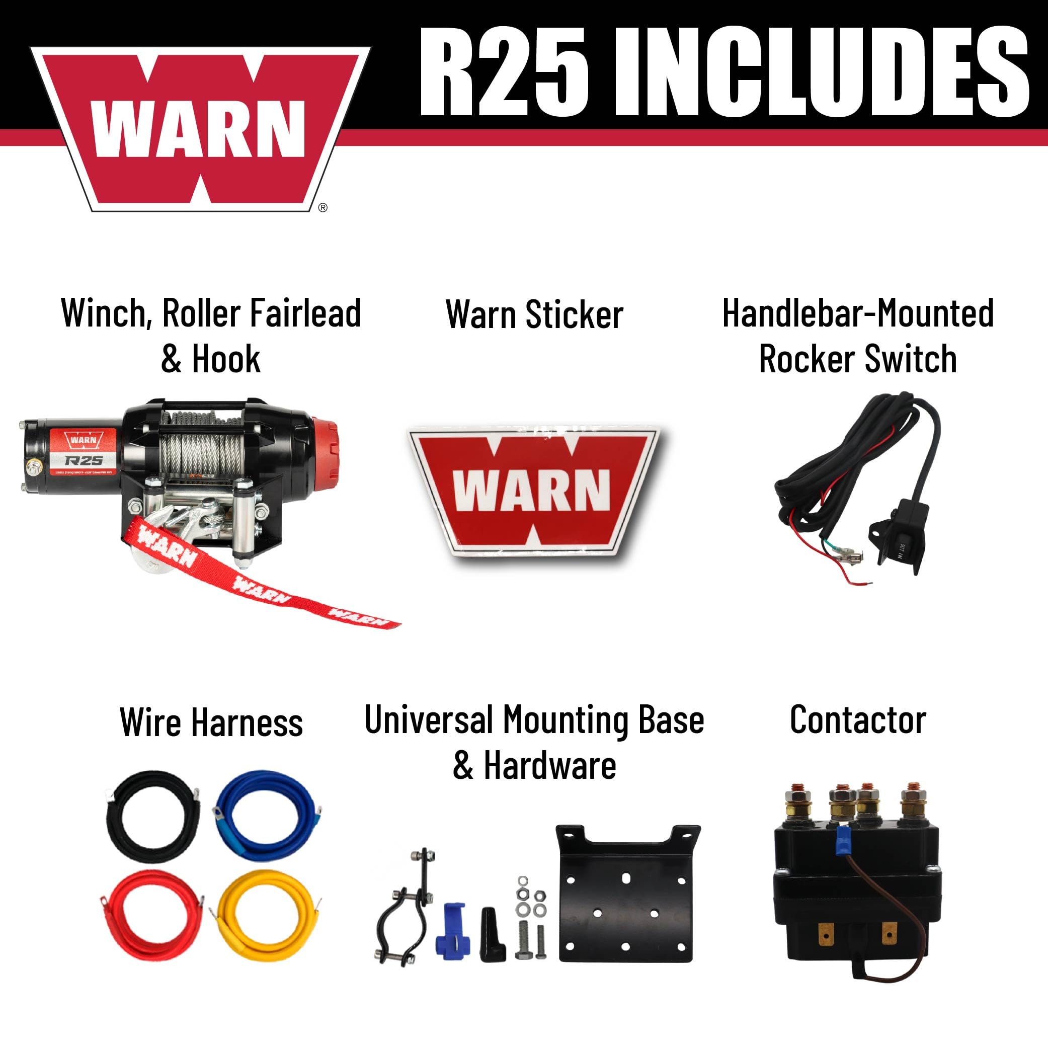 Warn R25 Drahtseilwinde, 1,1 kg Zugleistung, ausgestattet mit 1,5 m Stahlseil und fernmontiertem Wippschalter – Rollen-Fairlead für ATV, UTV, Side by Side, SXS Recovery & Abschleppen