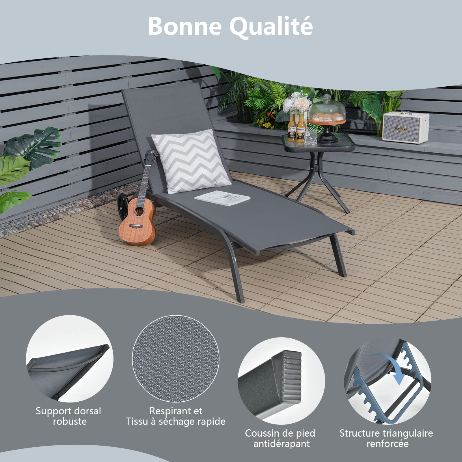 COSTWAY 2PCS Bains de Soleil à Roues, Dossier Inclinable 6 Positions, Gris