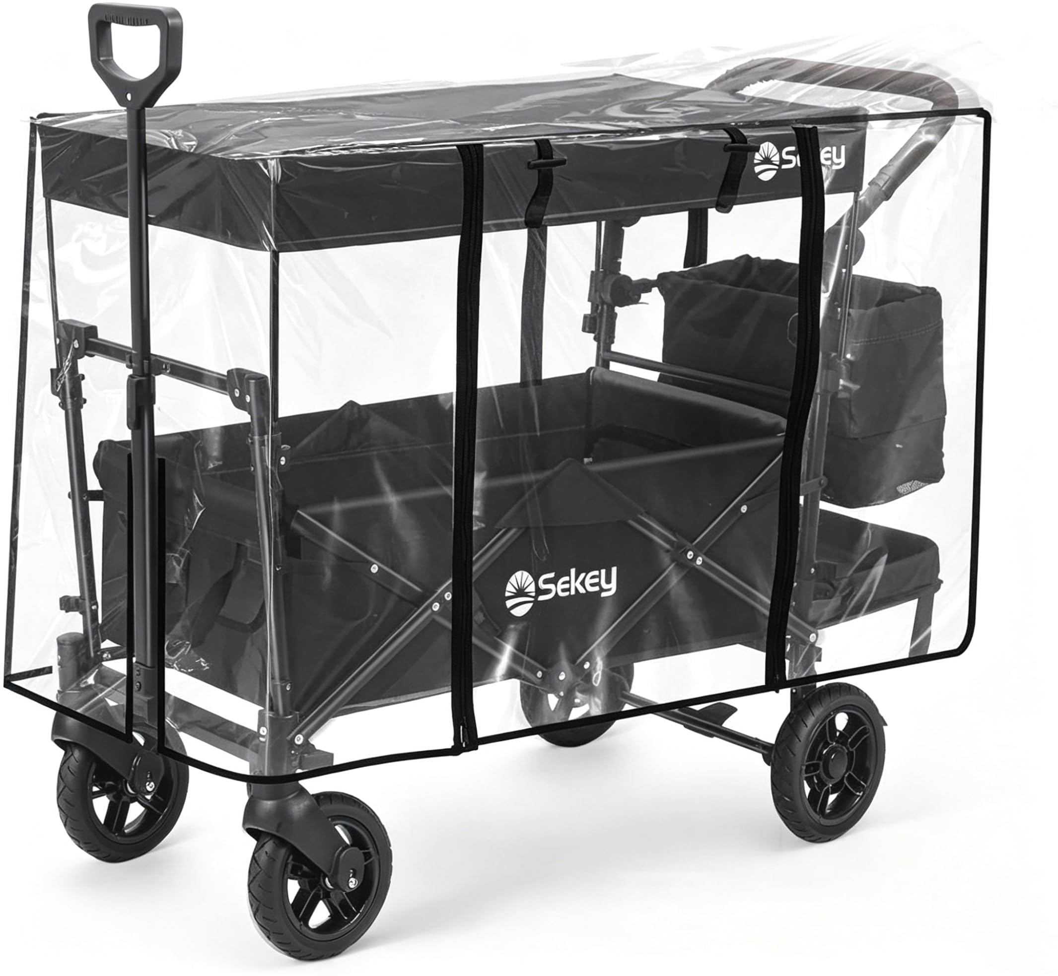 Sekey Kids Folding Handcart Wagon with Removable Canopy and Rain Cover, Versatile Transport Trolley for Family Outings Including Shockproof PU Wheels, 220LBS(100KG) Weight Capacity, Push Handle,Black