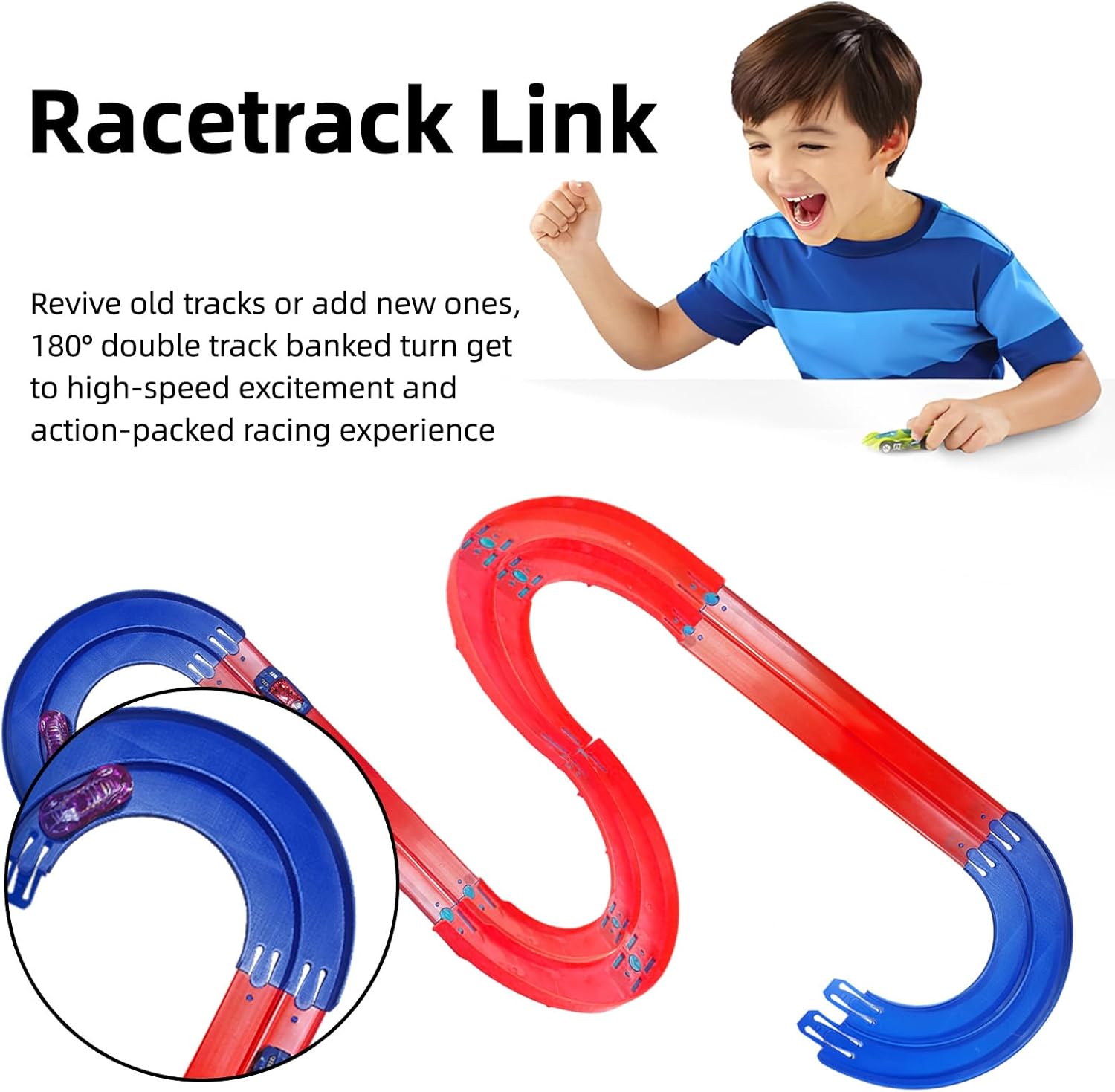 K TOMOTO 180 Degree Banked Turn, Double Racetrack Connector Compatible with Hot Wheels, Curved Track Pieces for 1:64 Vehicle & Slot Car Race Lane Building, 2 Packs