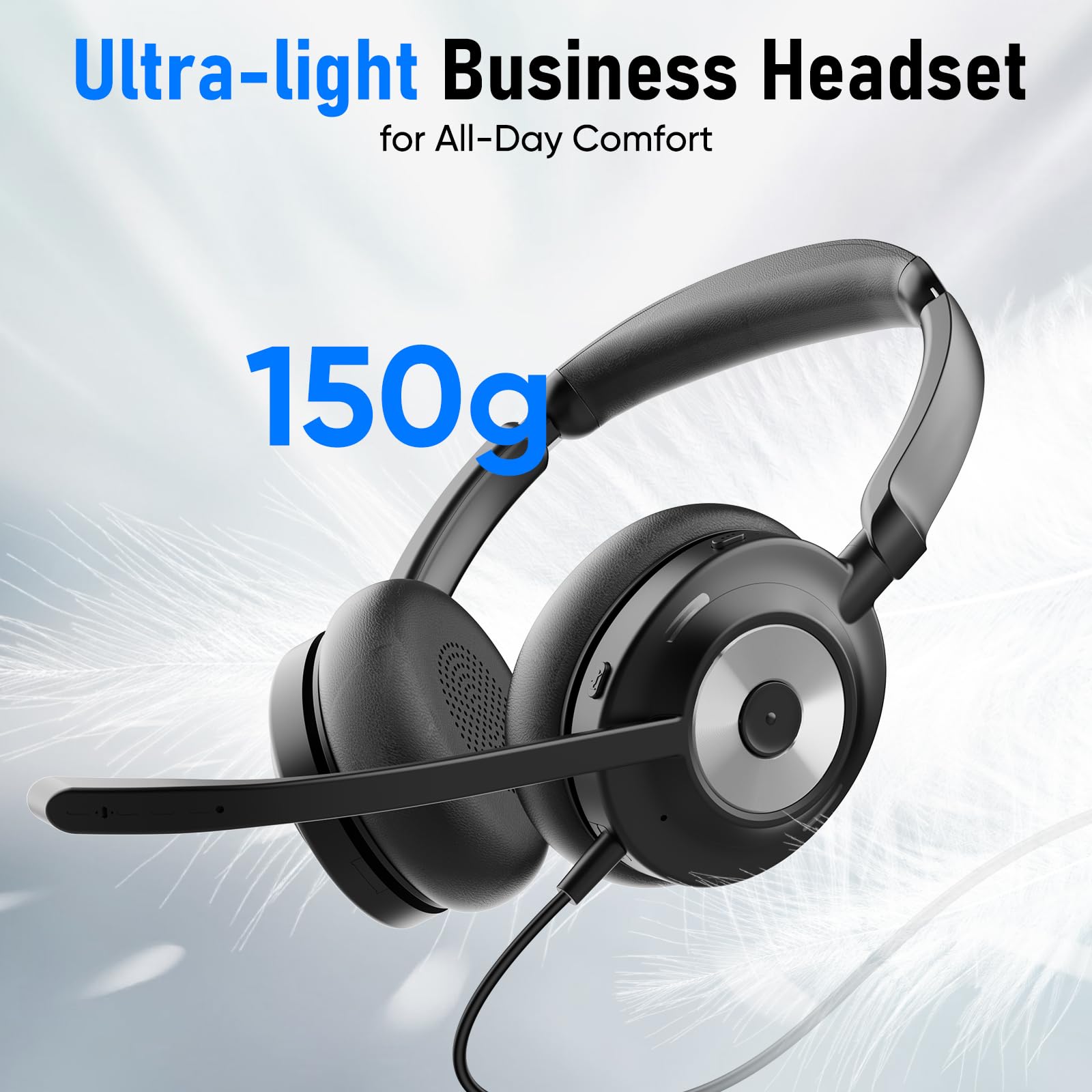 Cuffie USB cablate con cancellazione attiva del rumore e microfono ENC per PC, cuffie da ufficio ibride con riduzione del rumore a 4 microfoni, cuffie per computer on-ear con pulsante mute, per call