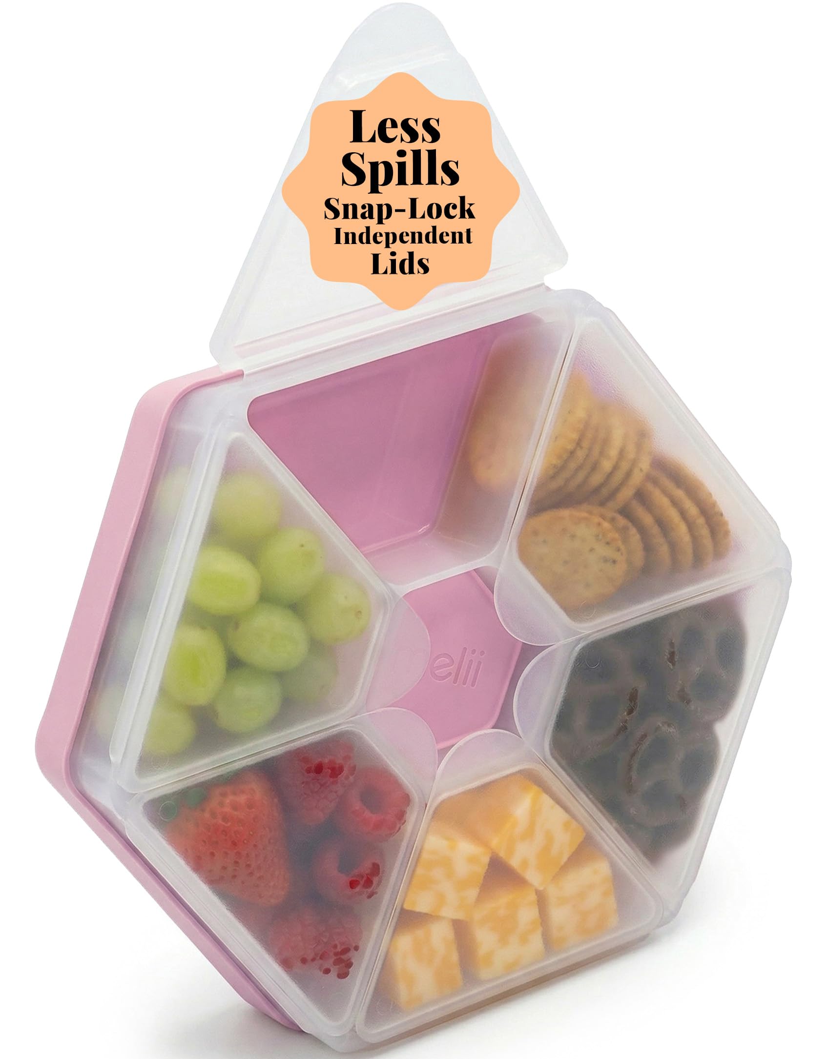 melii Hexagonal Snackle Box - 6 Separate Compartments with Hinged Lids, Easy to Hold Divided Snack Container, Food Storage for Kids and Adults, Arts & Crafts, Beads, BPA- Free (Pink)-image-30