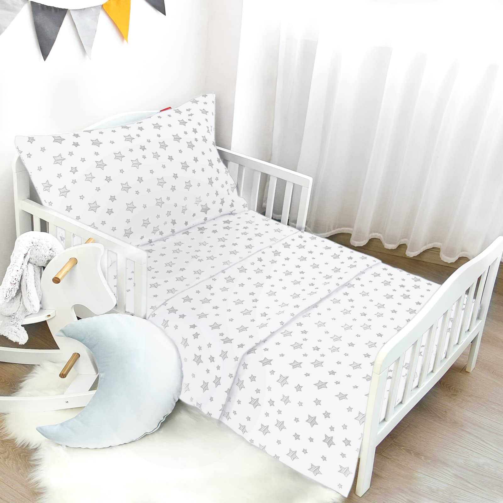 Hooyax 3-Piece Muslin Toddler Bedding Set For Girls - Fitted Sheet, Quilt & Pillowcase, Floral Print, Fits Crib & Toddler Bed