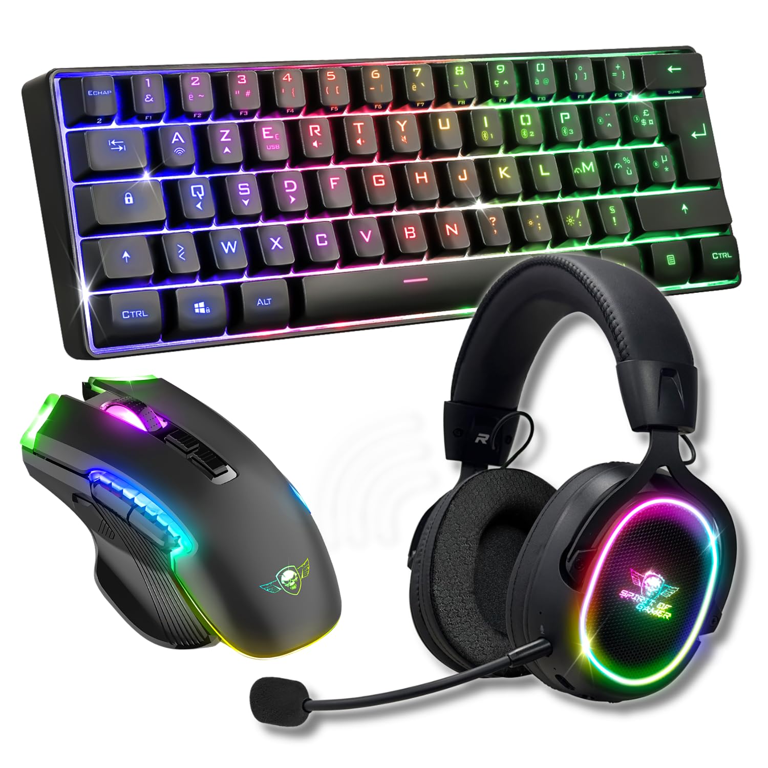 Spirit Of Gamer, Pack Clavier Souris + Casque sans Fil RGB, Clavier TKL 60% Touches Silencieuses Azerty, Souris 8 Boutons Programmables 4800 DPI avec Repose Pouce, Casque Gaming avec Micro Détachable